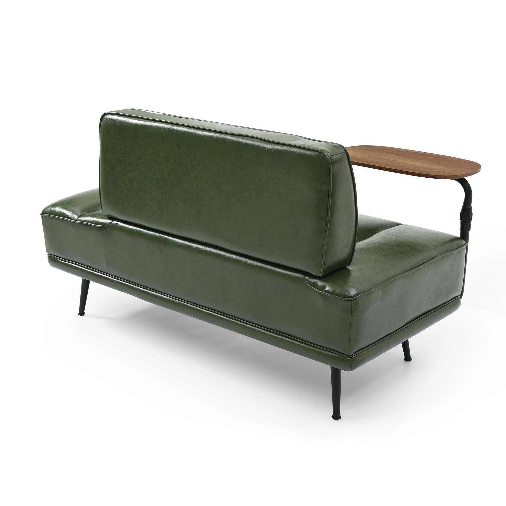 Green faux leather sofa with integrated wood side table and black metal legs