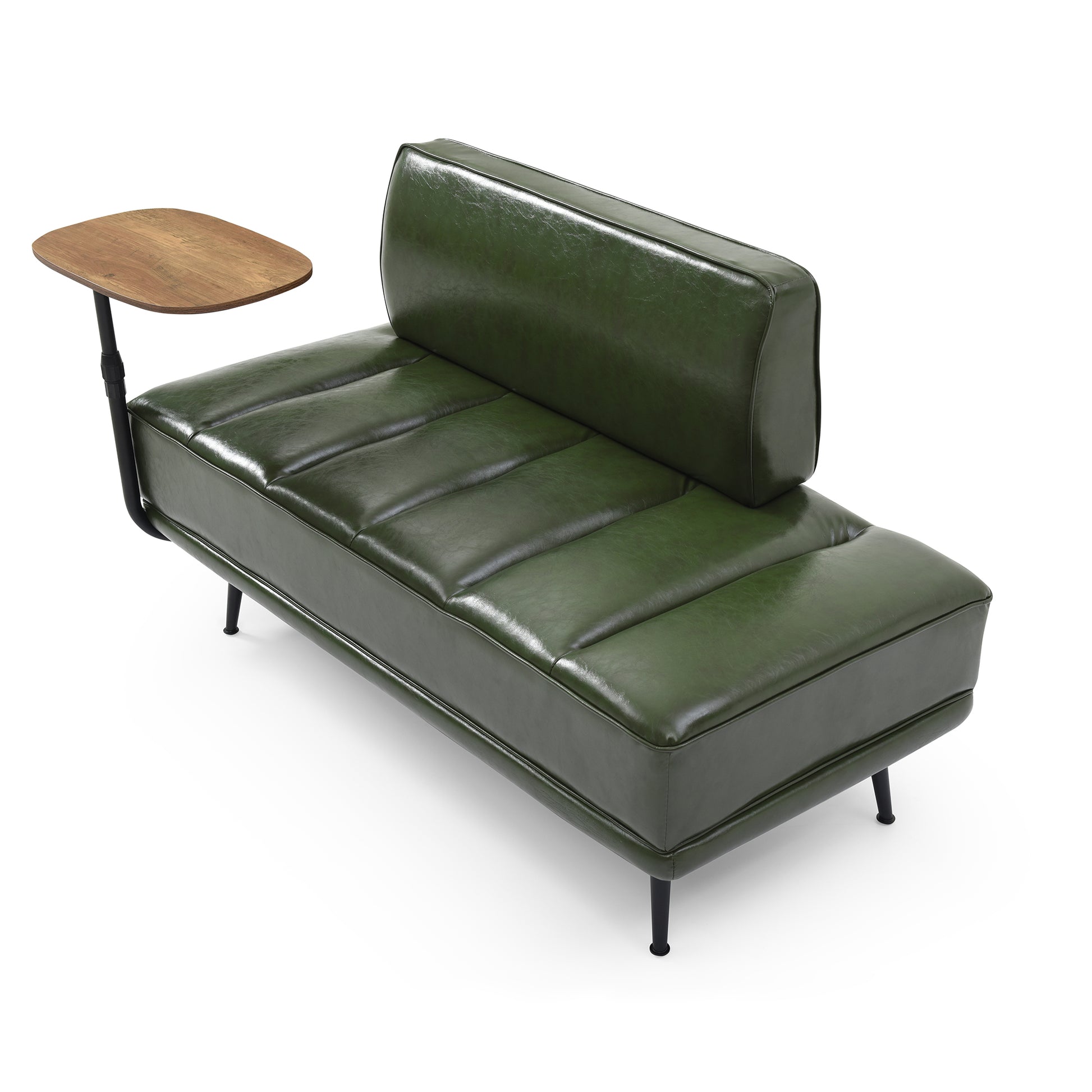 Green leather sofa with a woodgrain side table and black metal legs