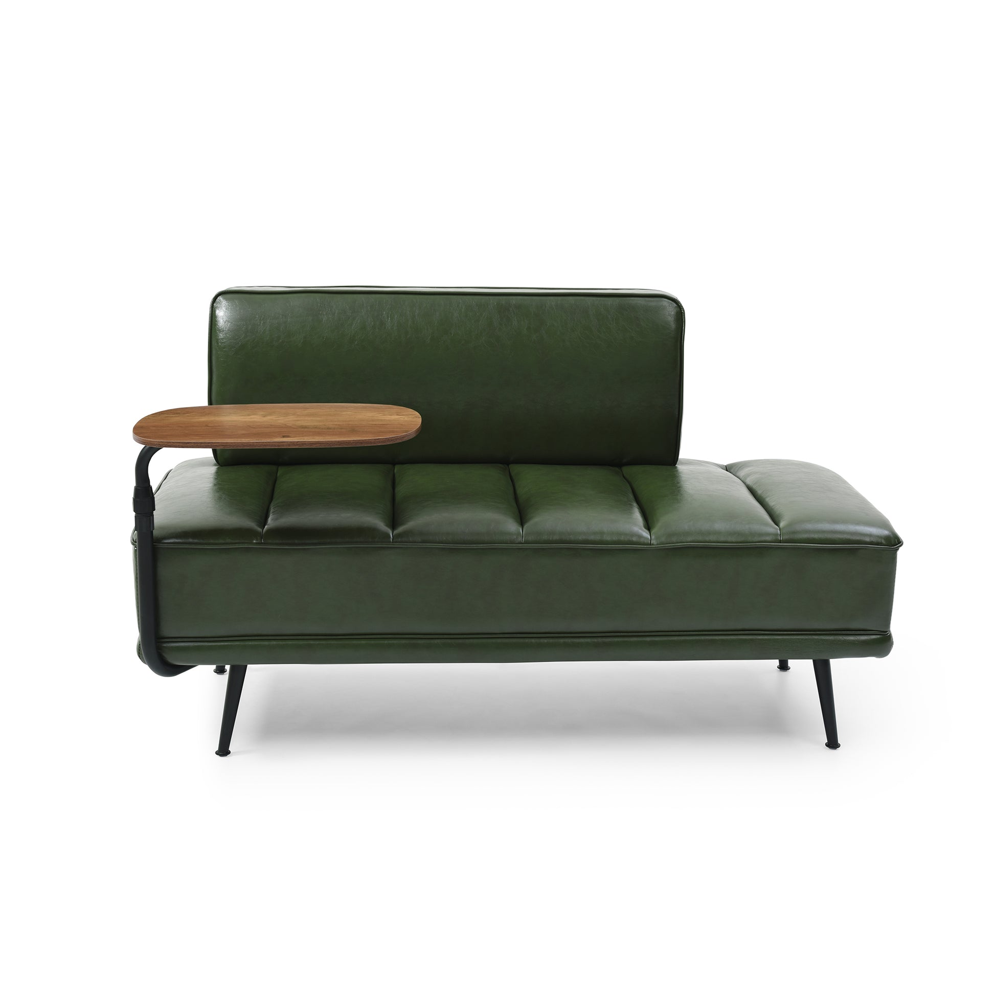 Deep green leather armchair with a small wooden side tray for modern living rooms