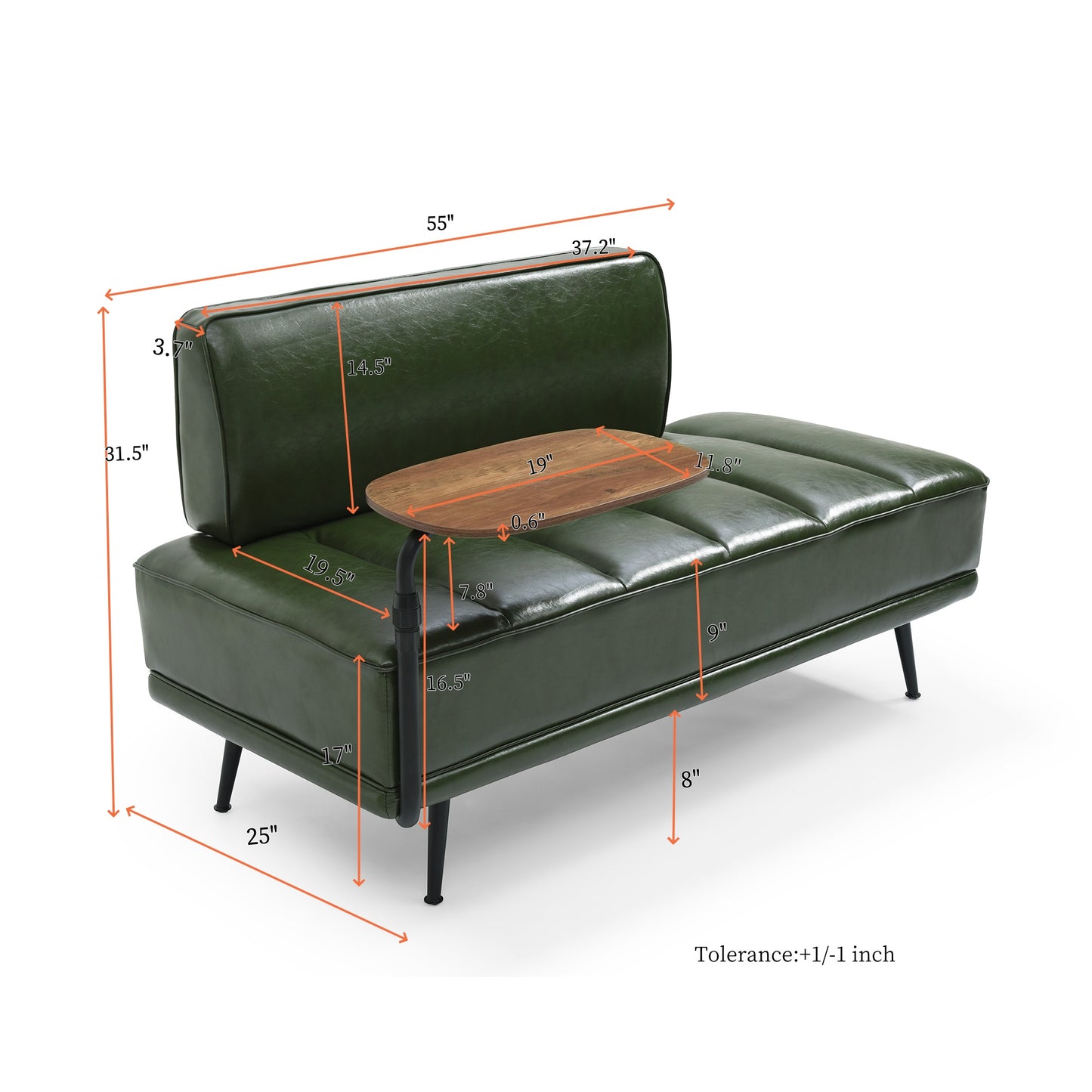 Green faux leather loveseat with attached wood tray dimensions displayed