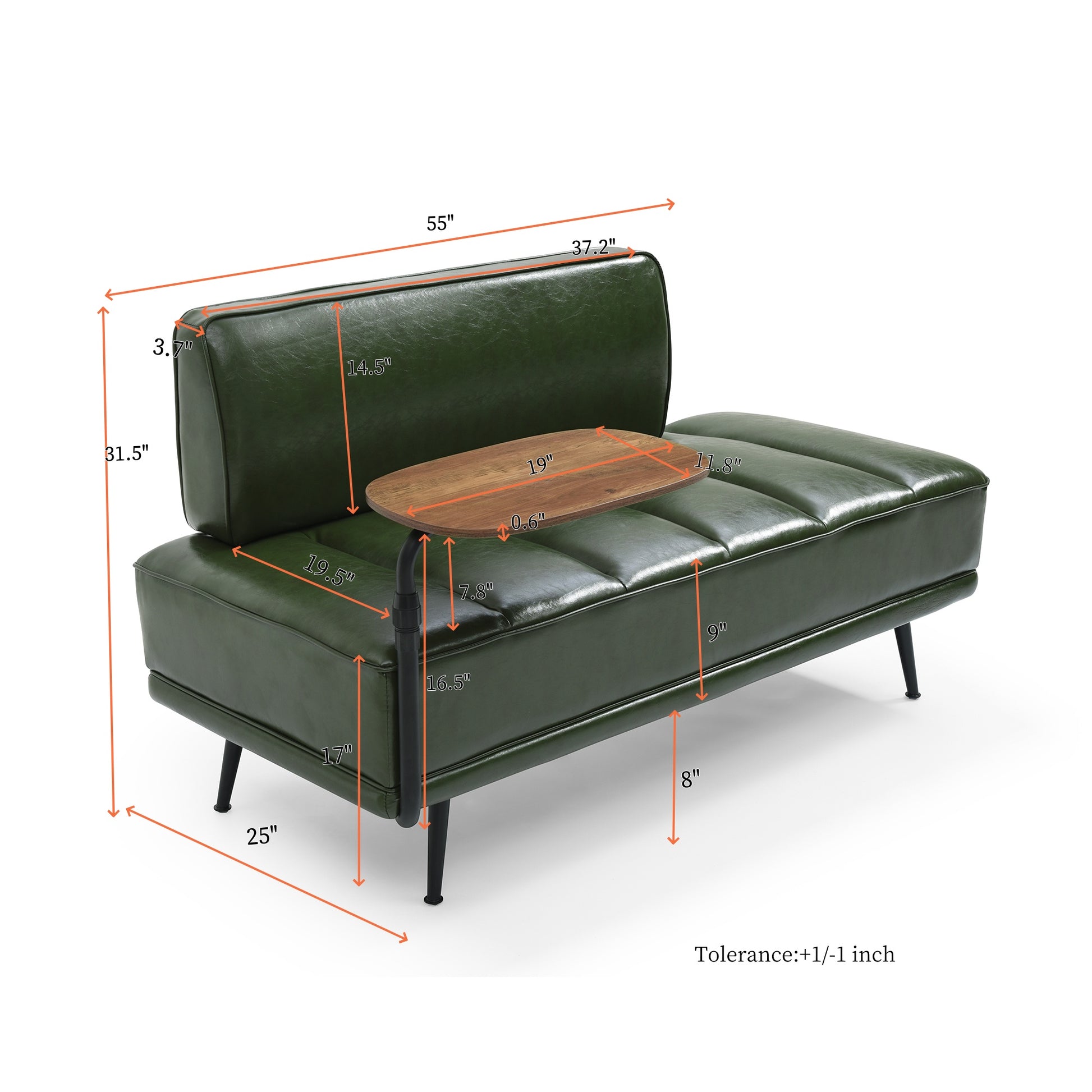 Green faux leather loveseat with attached wood tray dimensions displayed