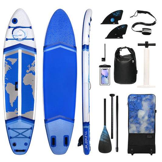 Inflatable stand up paddleboard with world map design blue and white