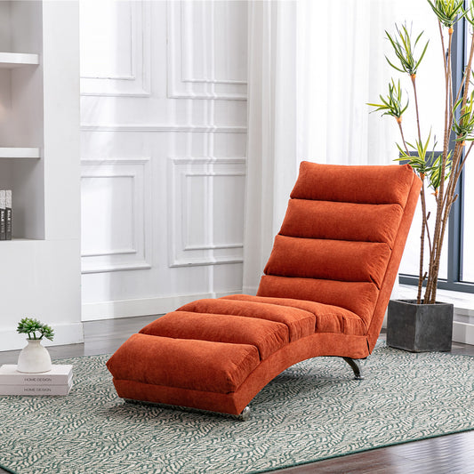Orange fabric chaise lounge with tufted cushioning and metal legs perfect for modern living rooms