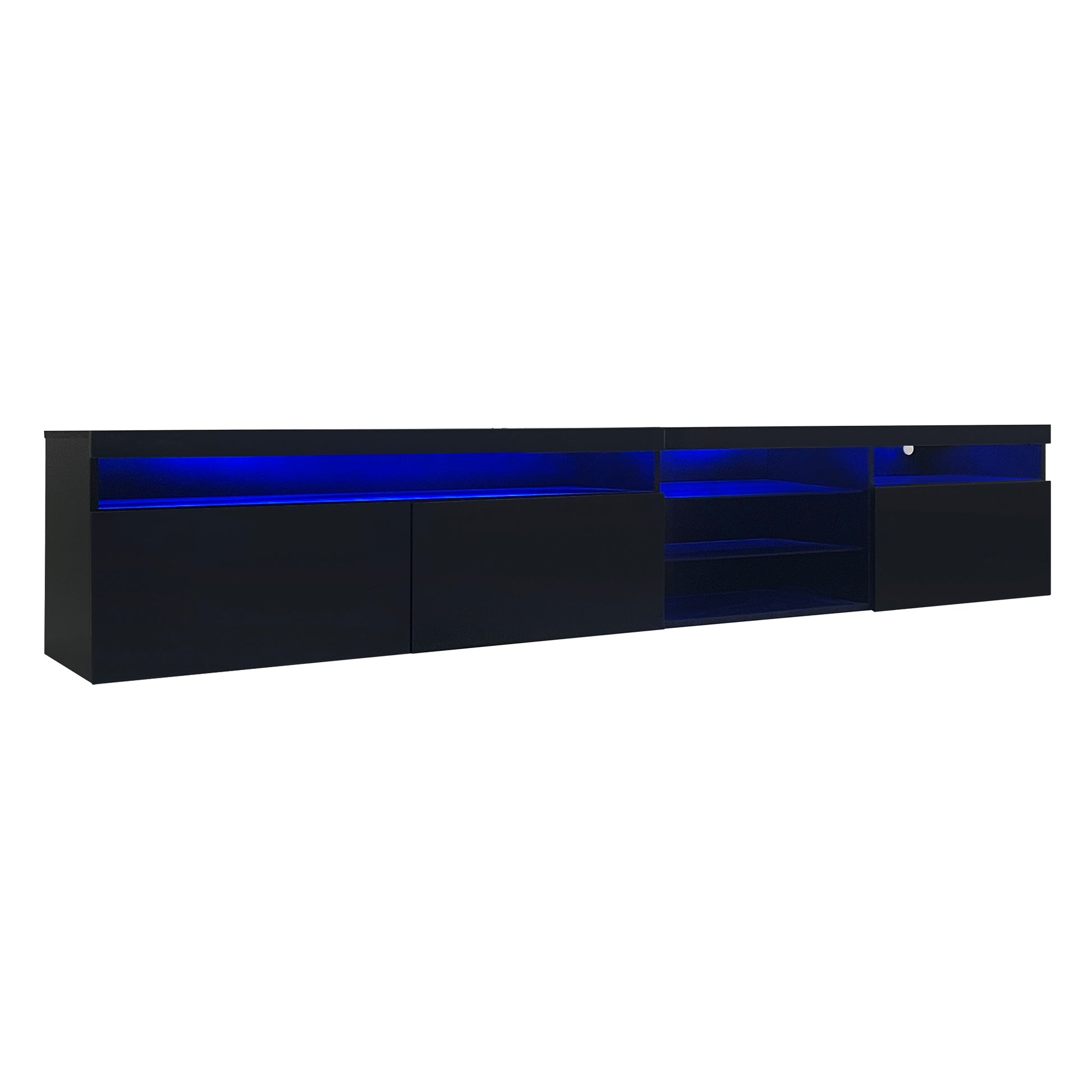 Sleek black media console with blue LED lighting modern entertainment center