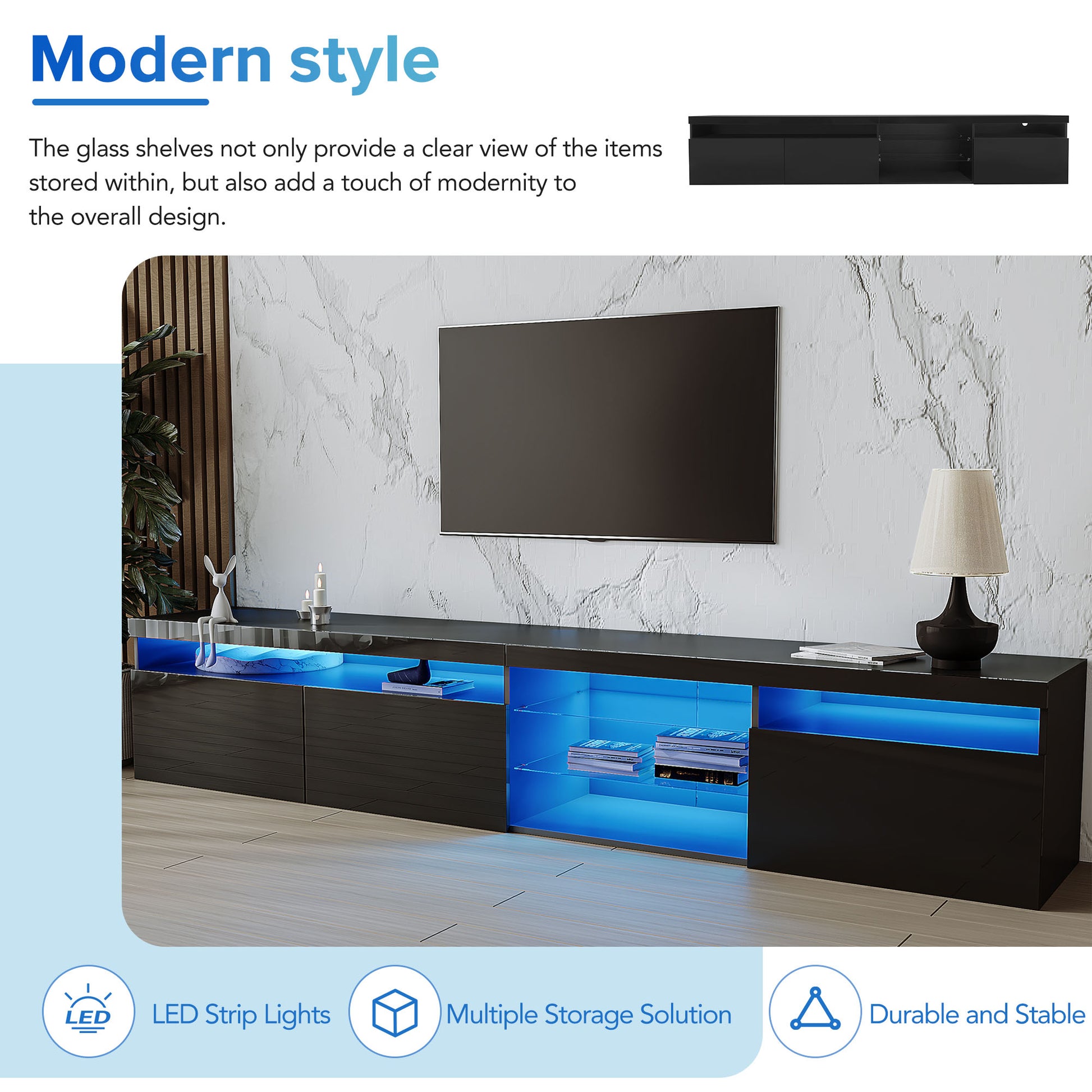 Sleek black TV stand with illuminated blue LED shelving a modern entertainment unit