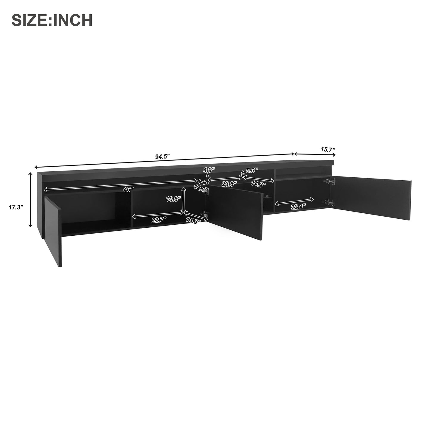 Black floating TV stand with open compartments and doors  L x  H