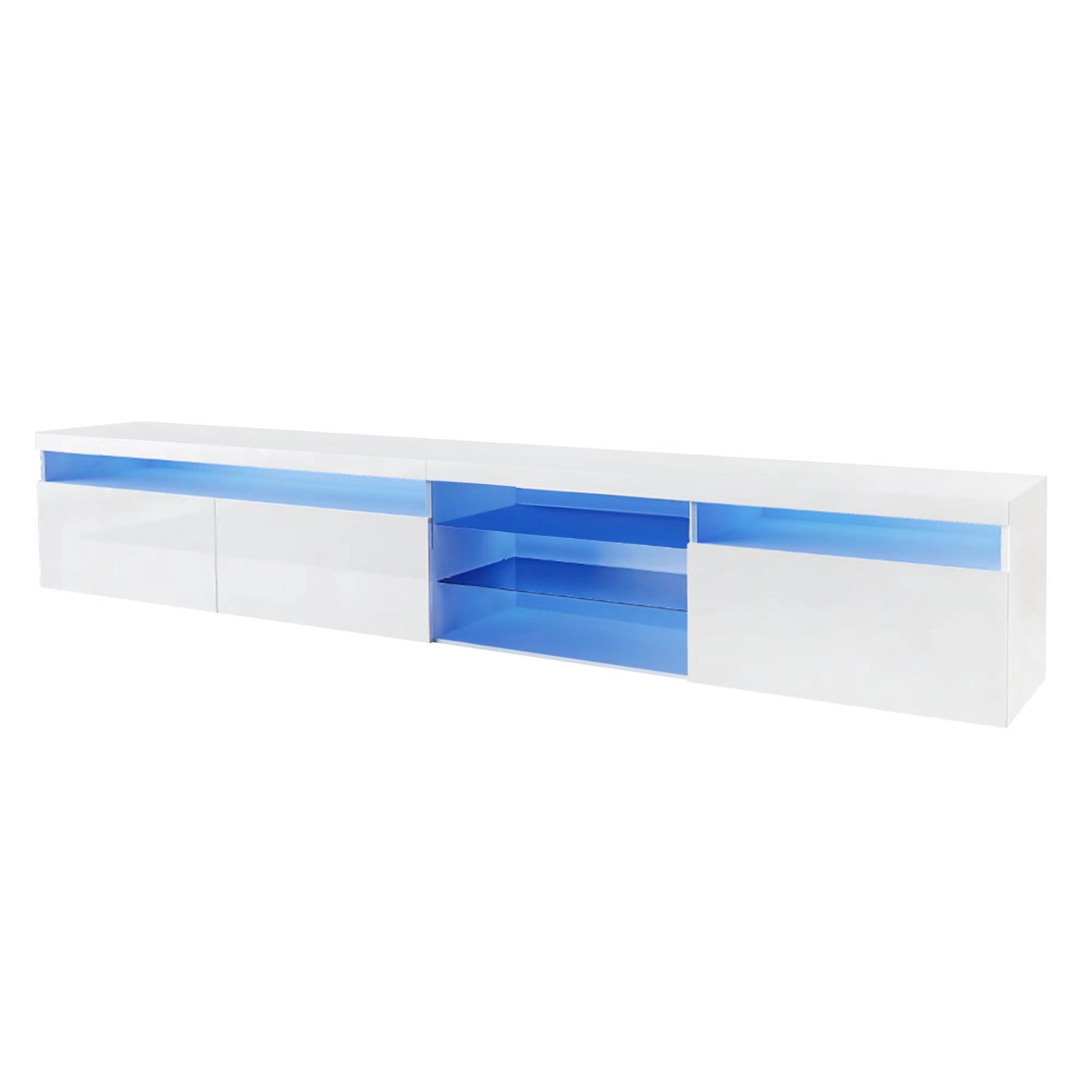 Modern white TV stand with blue LED lighting and two drawers for media storage