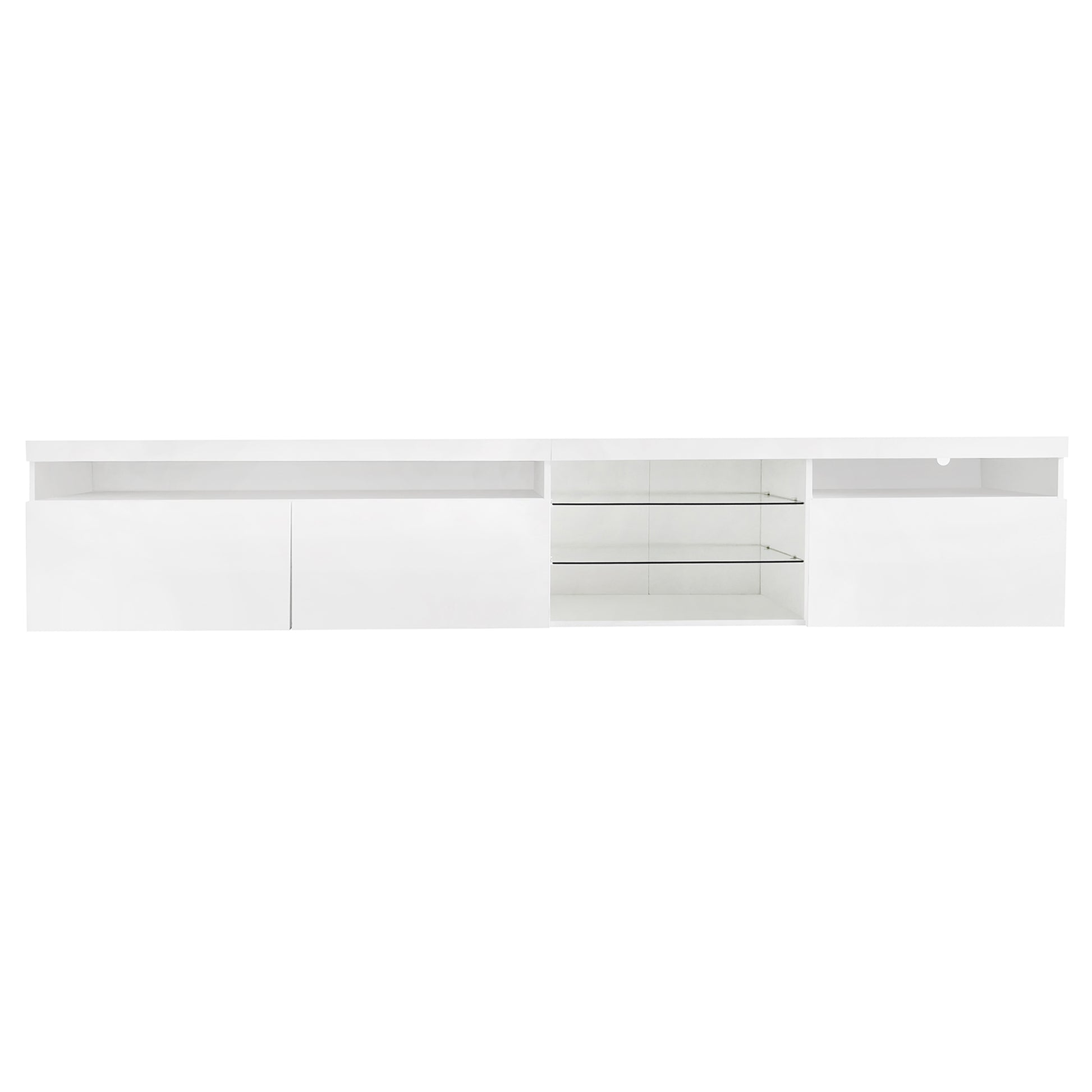 Sleek white media console with glass shelves and cabinet storage for entertainment setup