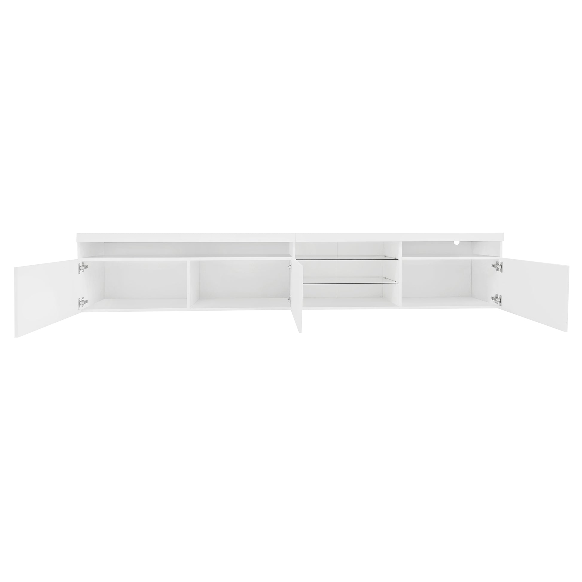 Open white wallmounted TV stand with two glass shelves and two closed compartments