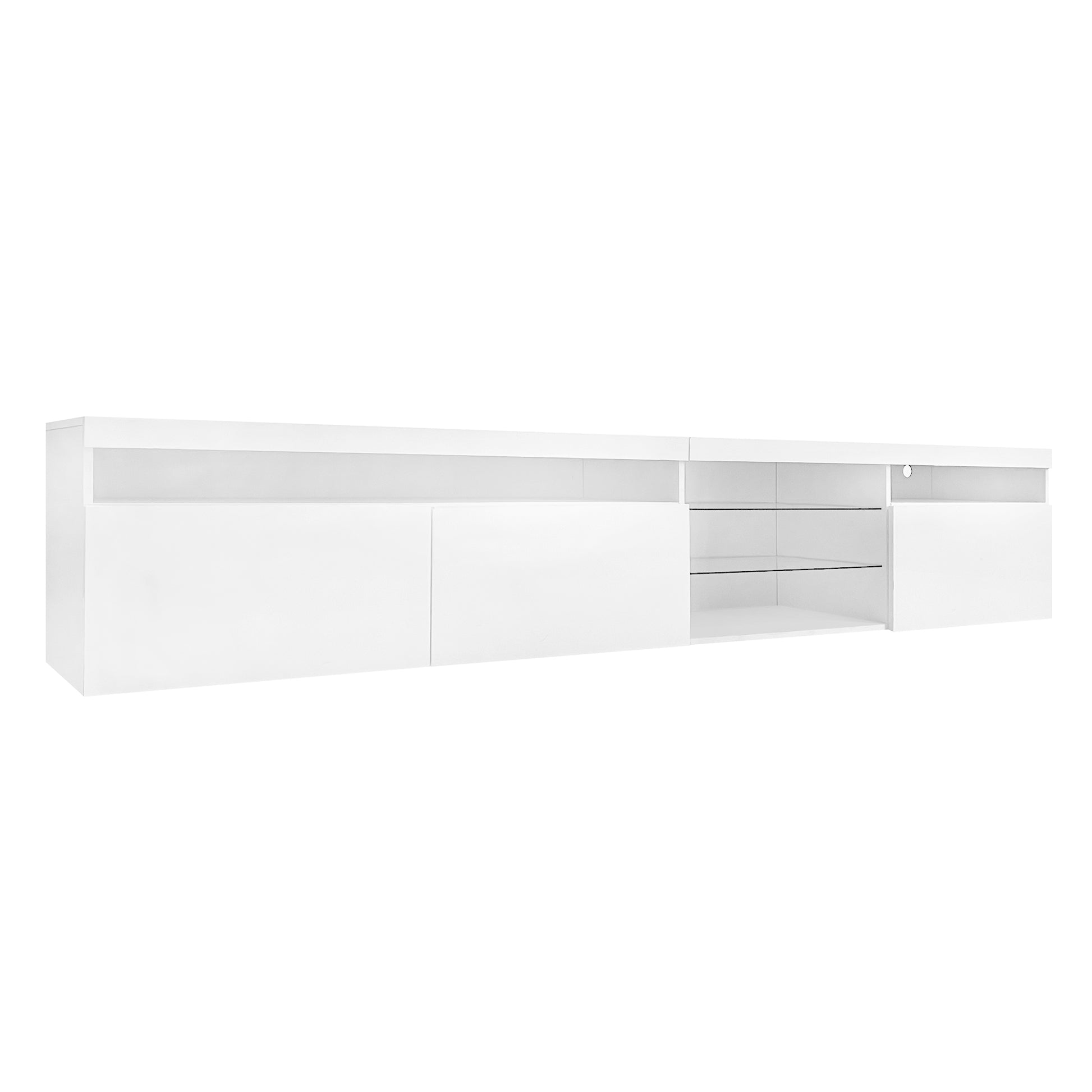 Modern white floating TV stand with open glass shelving and two cabinets