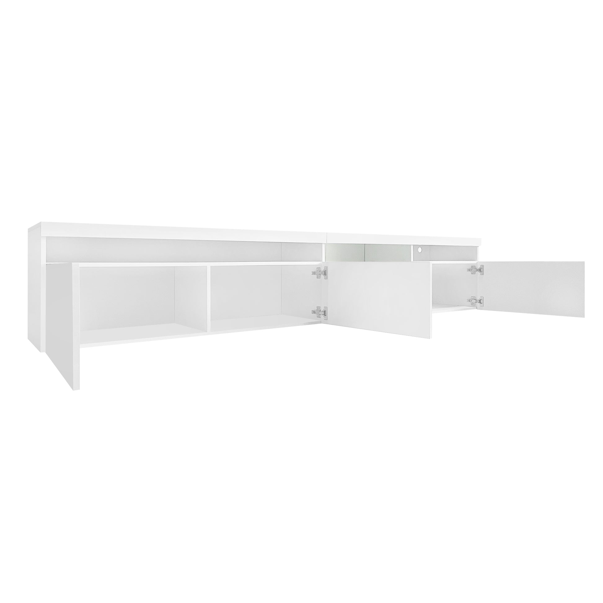 White modern media console with open compartments and doors
