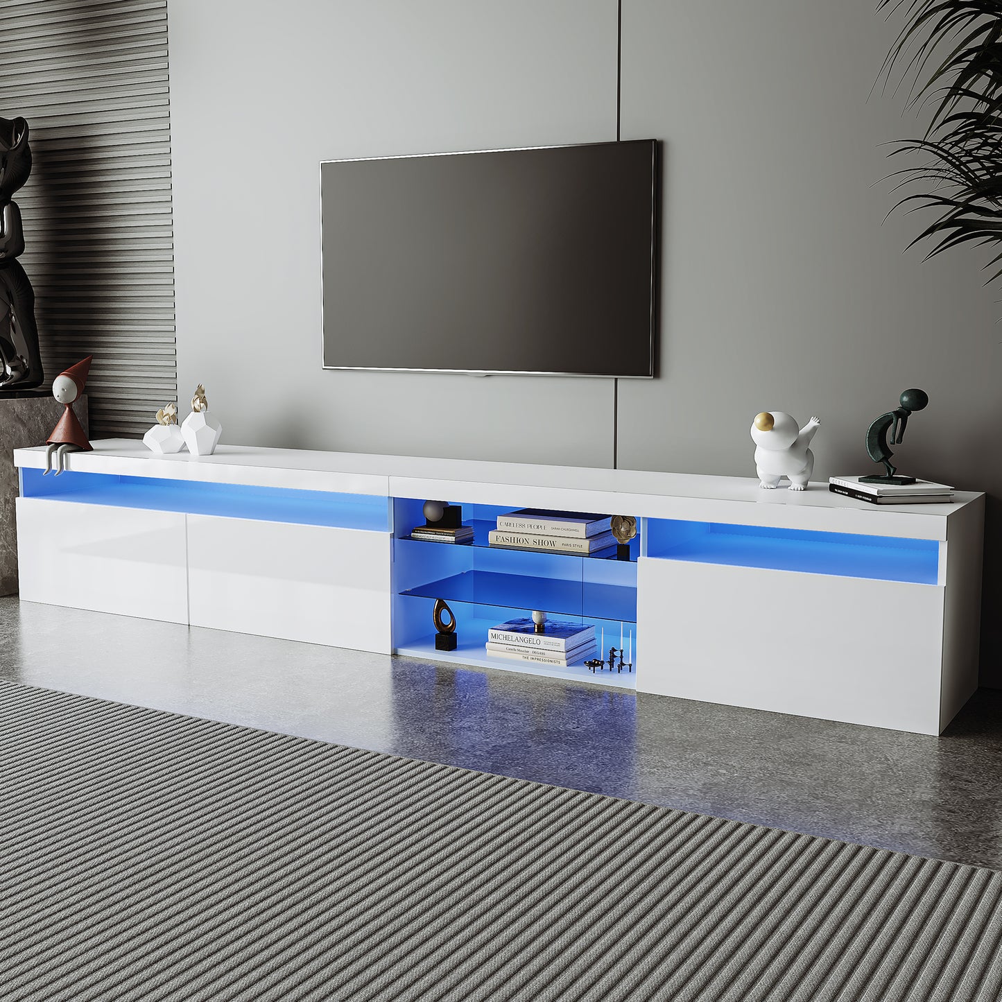 Modern white media console with blue LED lighting and glass shelves