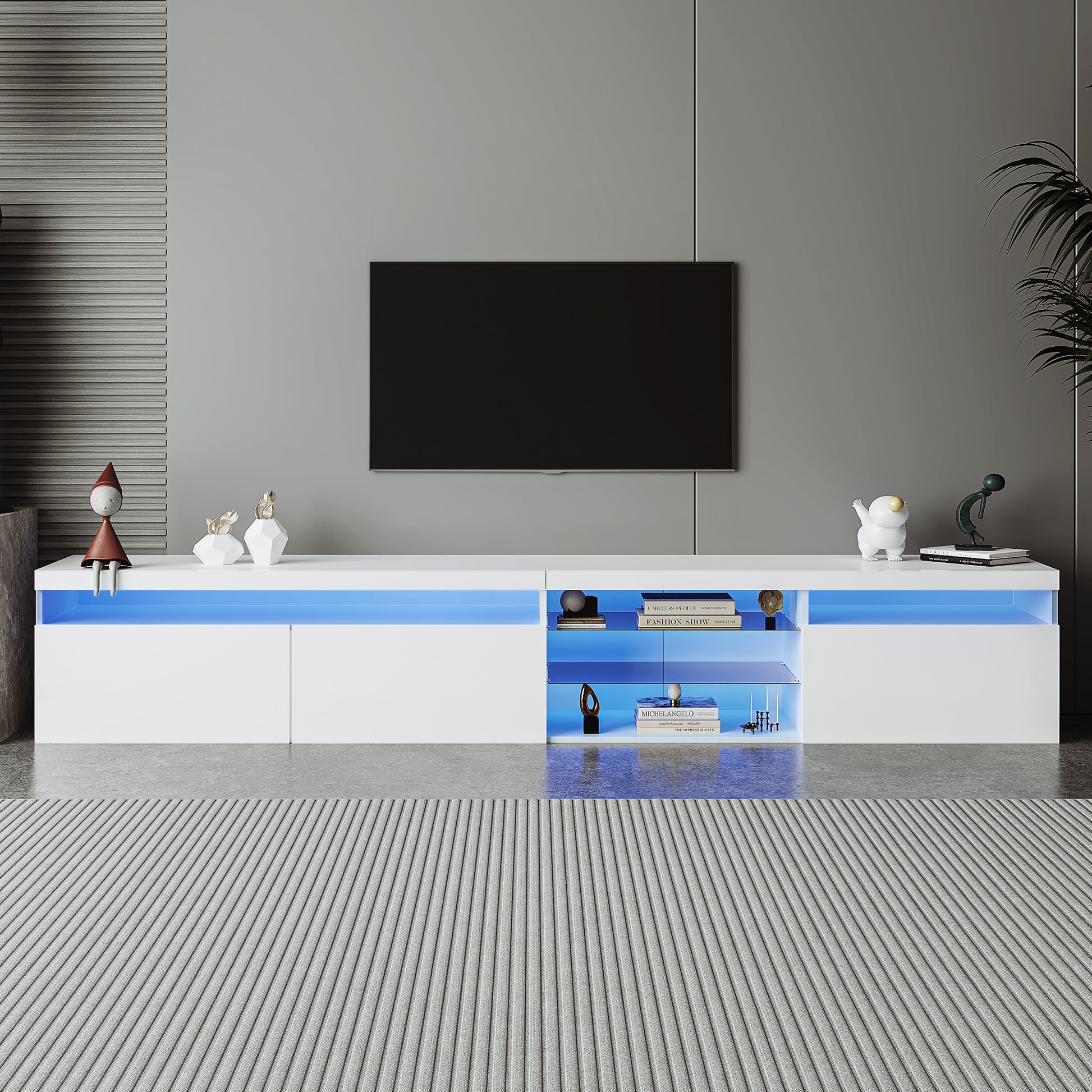 Sleek white TV stand with blue LED lighting modern design for living room entertainment