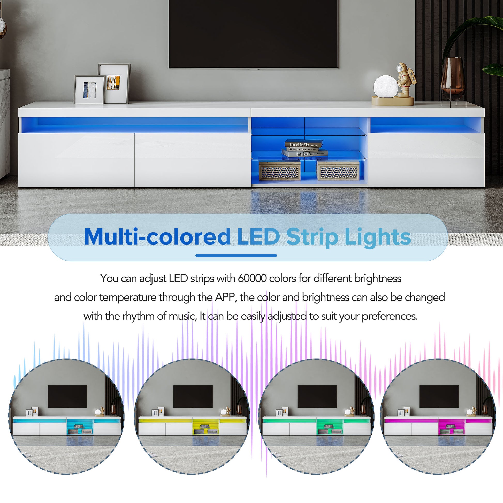 Modern white TV stand with integrated blue LED strip lights