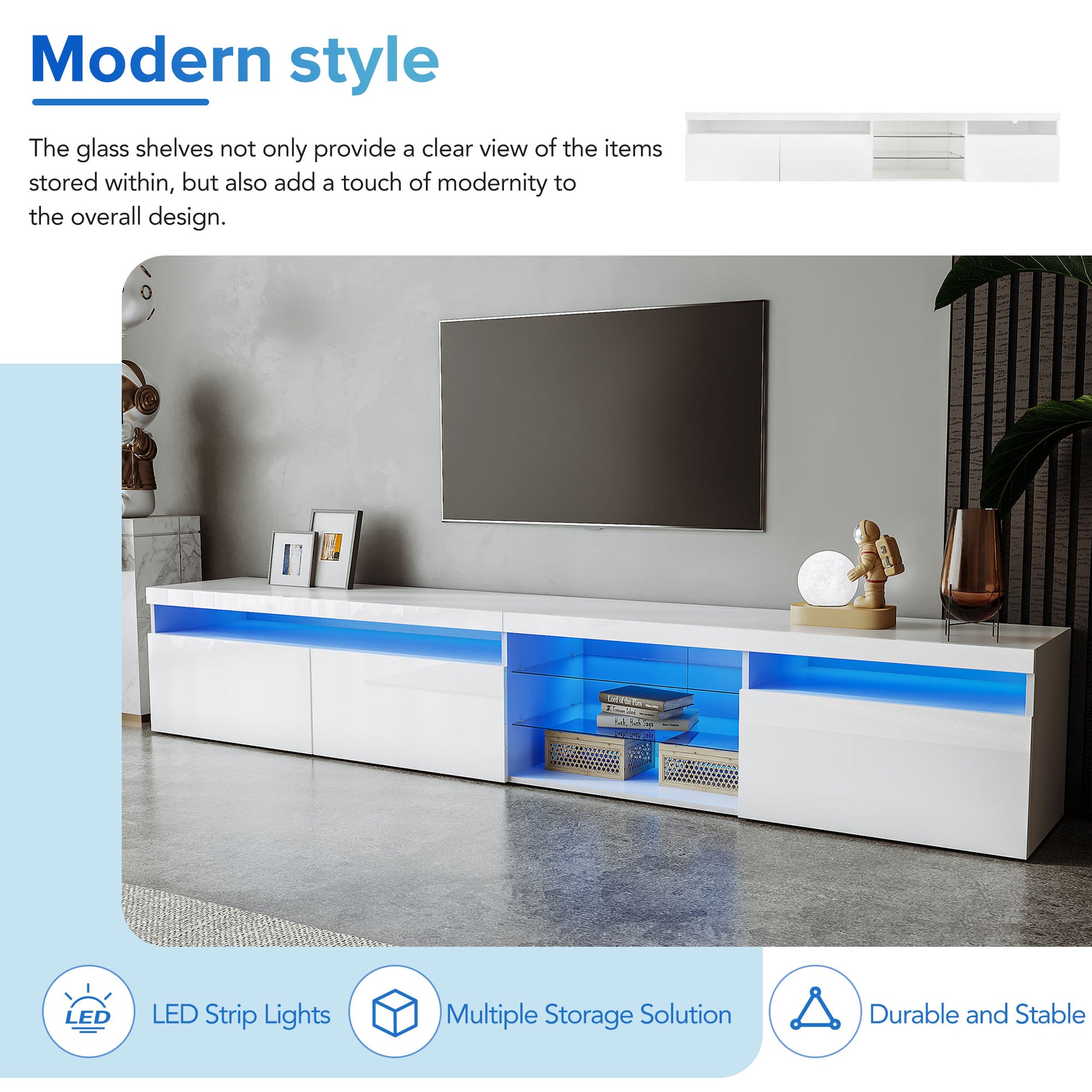 Modern white TV stand with blue LED strip lights and glass shelving