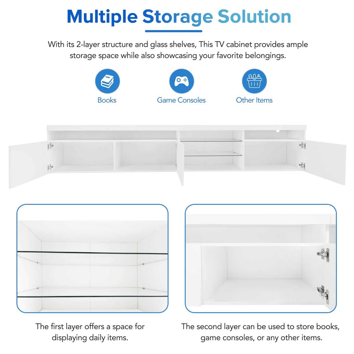 White modern TV stand with open shelves and glass shelves for media storage