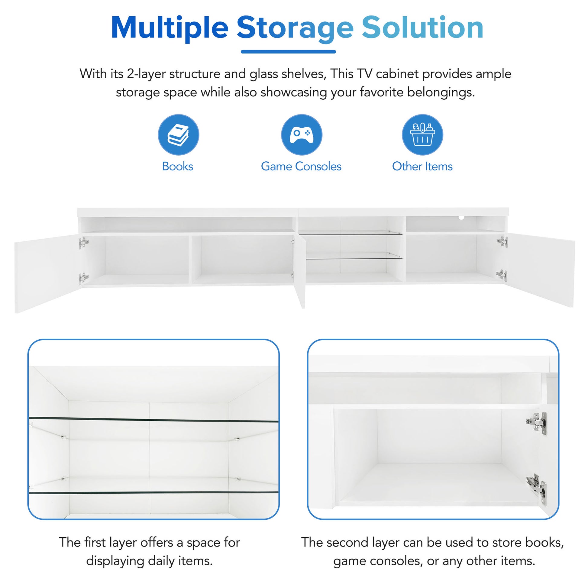 White modern TV stand with open shelves and glass shelves for media storage