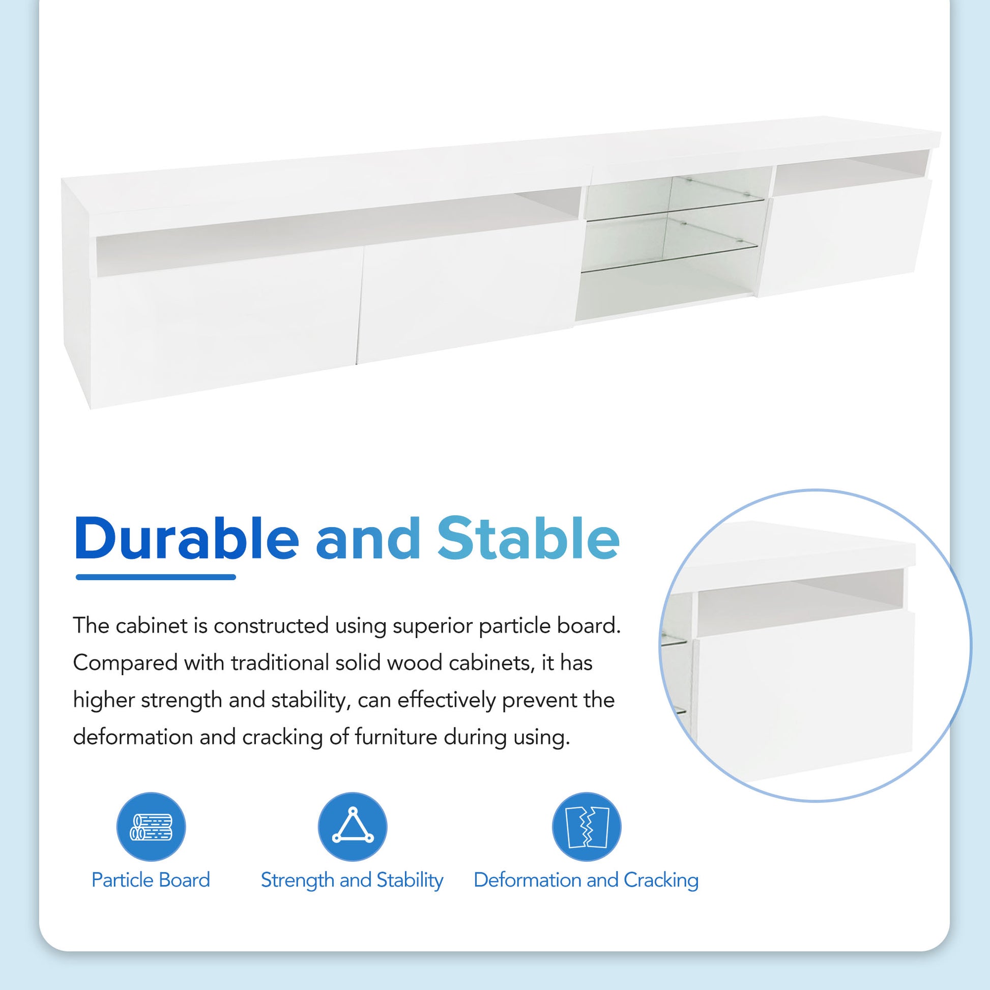 White particle board media console with glass shelves and two cabinet doors