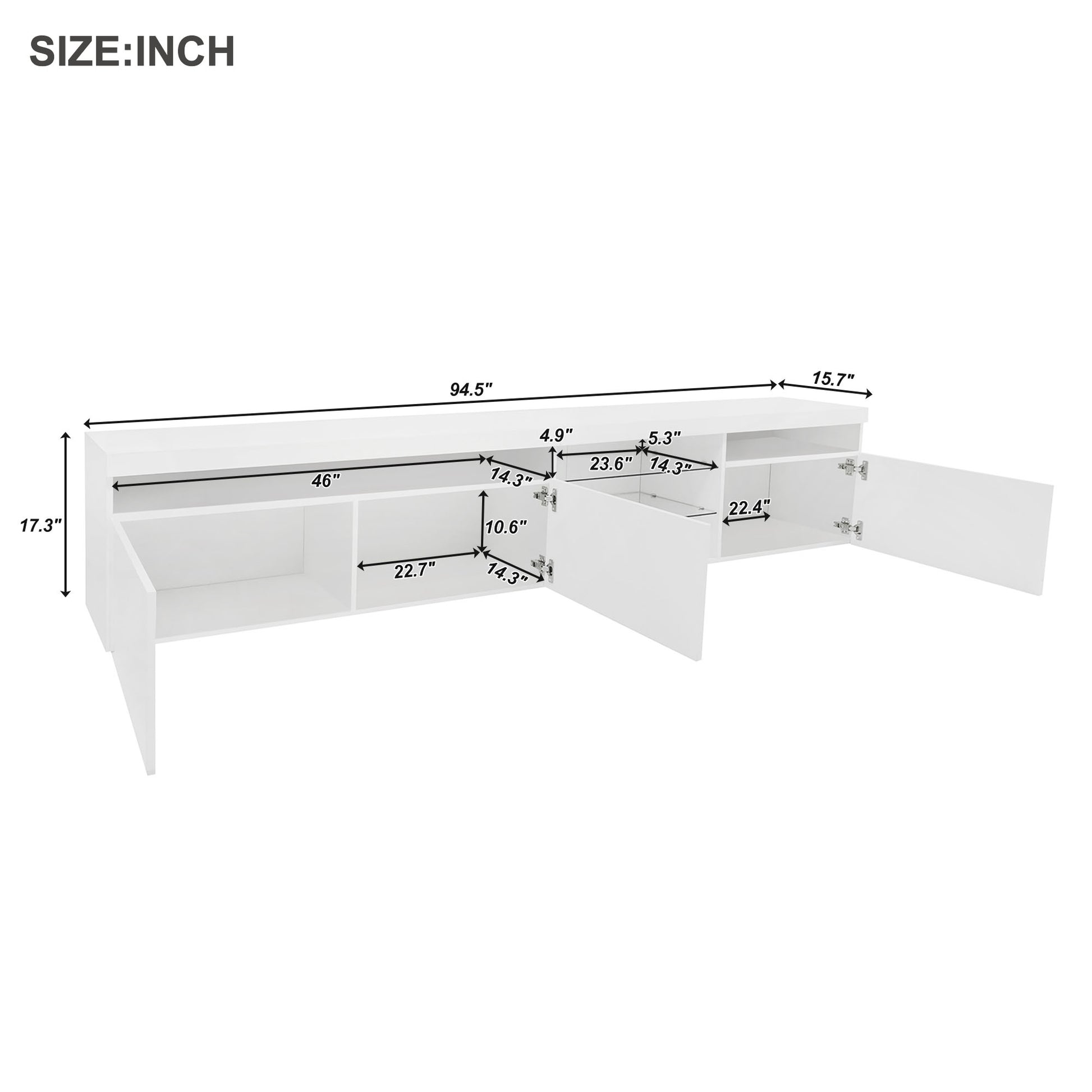 White modern wallmounted TV stand with open shelves and three cabinet doors
