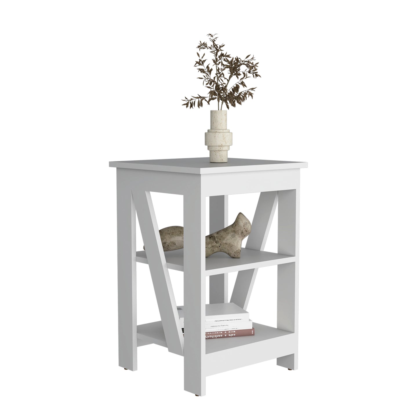 White modern side table with two shelves and decorative stone accents