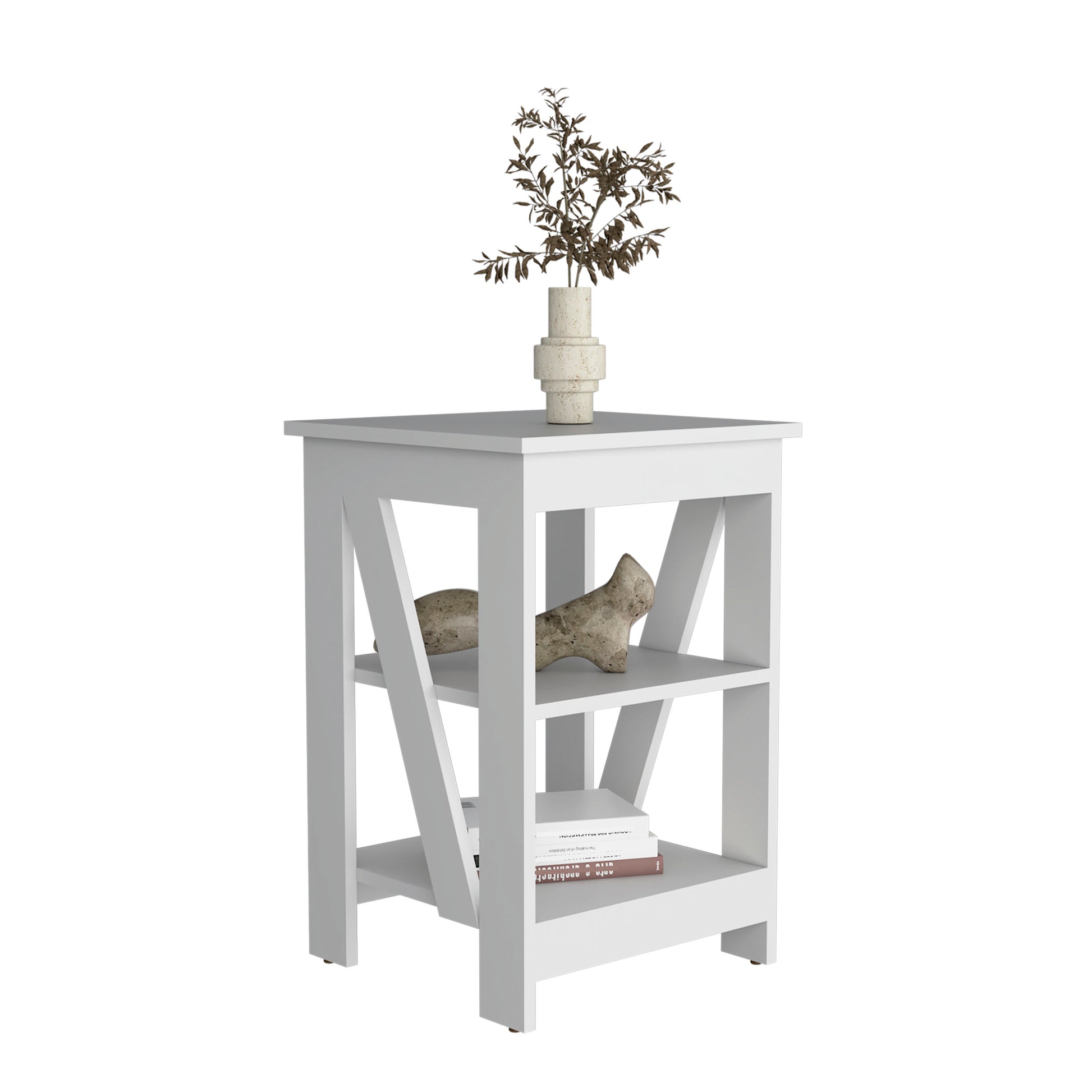 White modern side table with two shelves and decorative stone accents