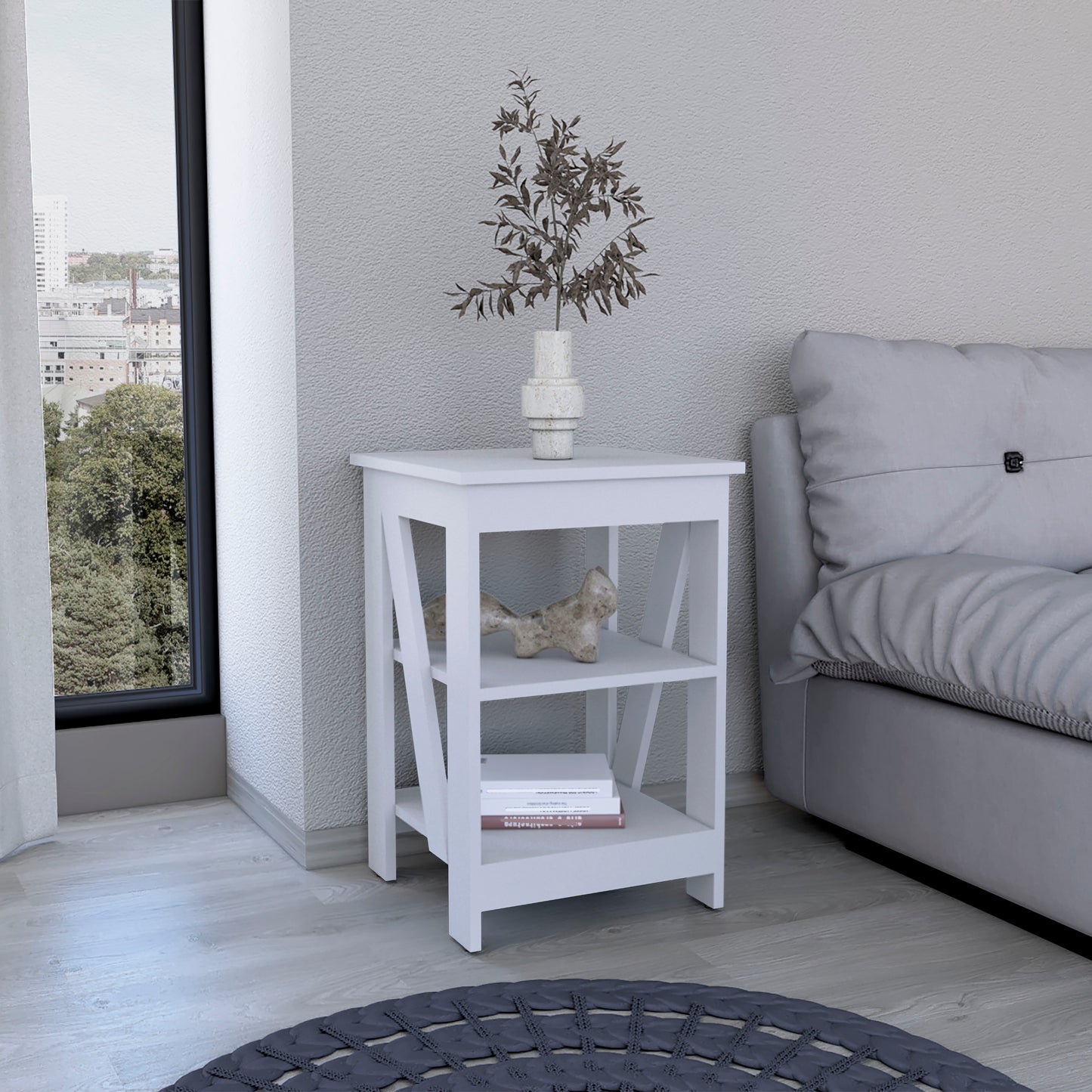 White wooden side table with two shelves and decorative accents