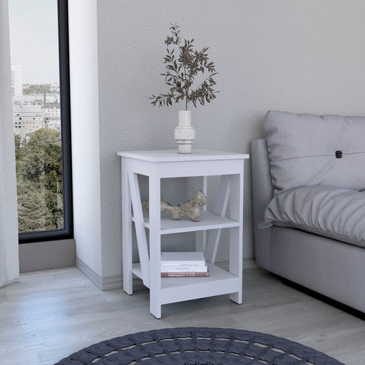 White wooden side table with two shelves and decorative accents