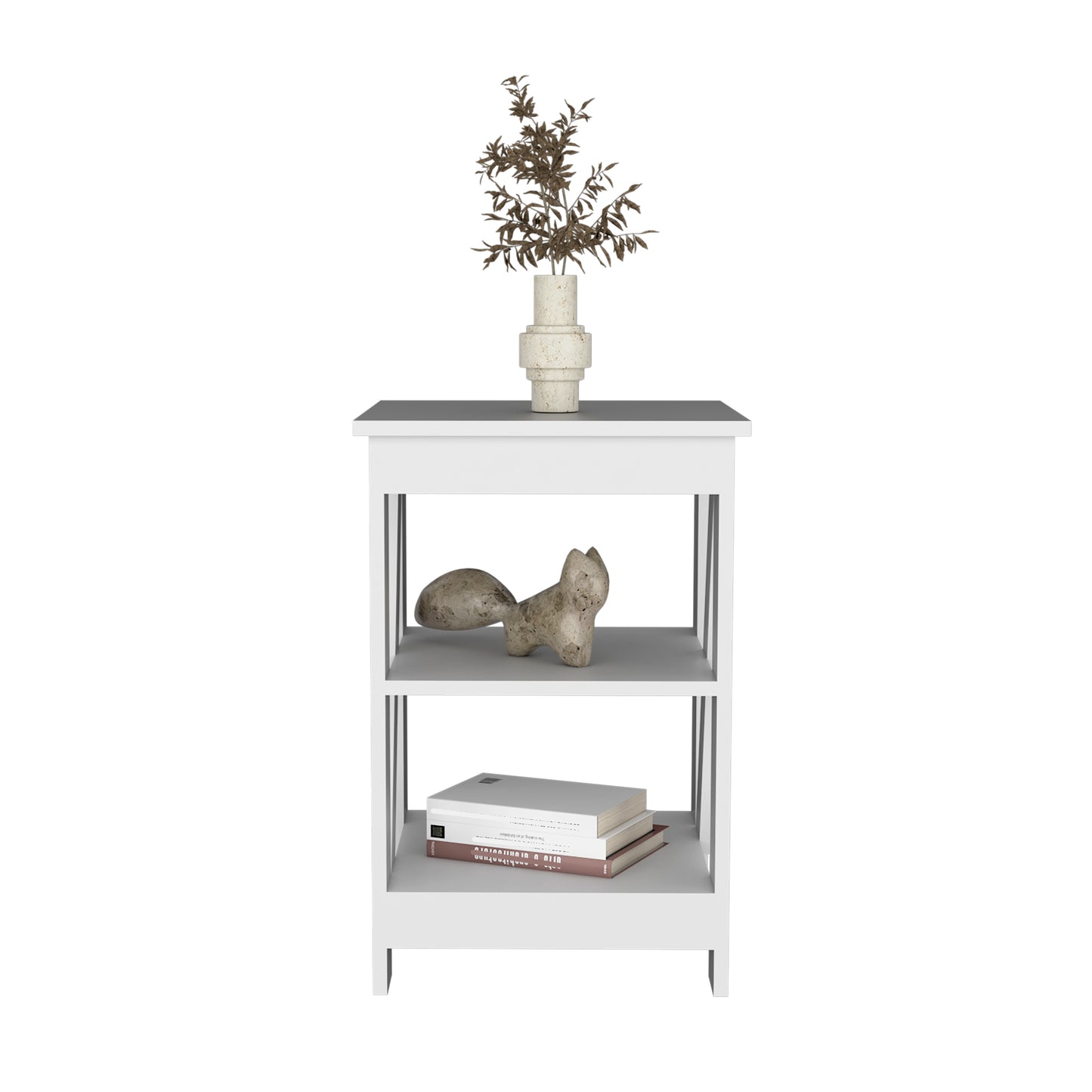 White threetier shelf unit with a textured vase and dried branches on top