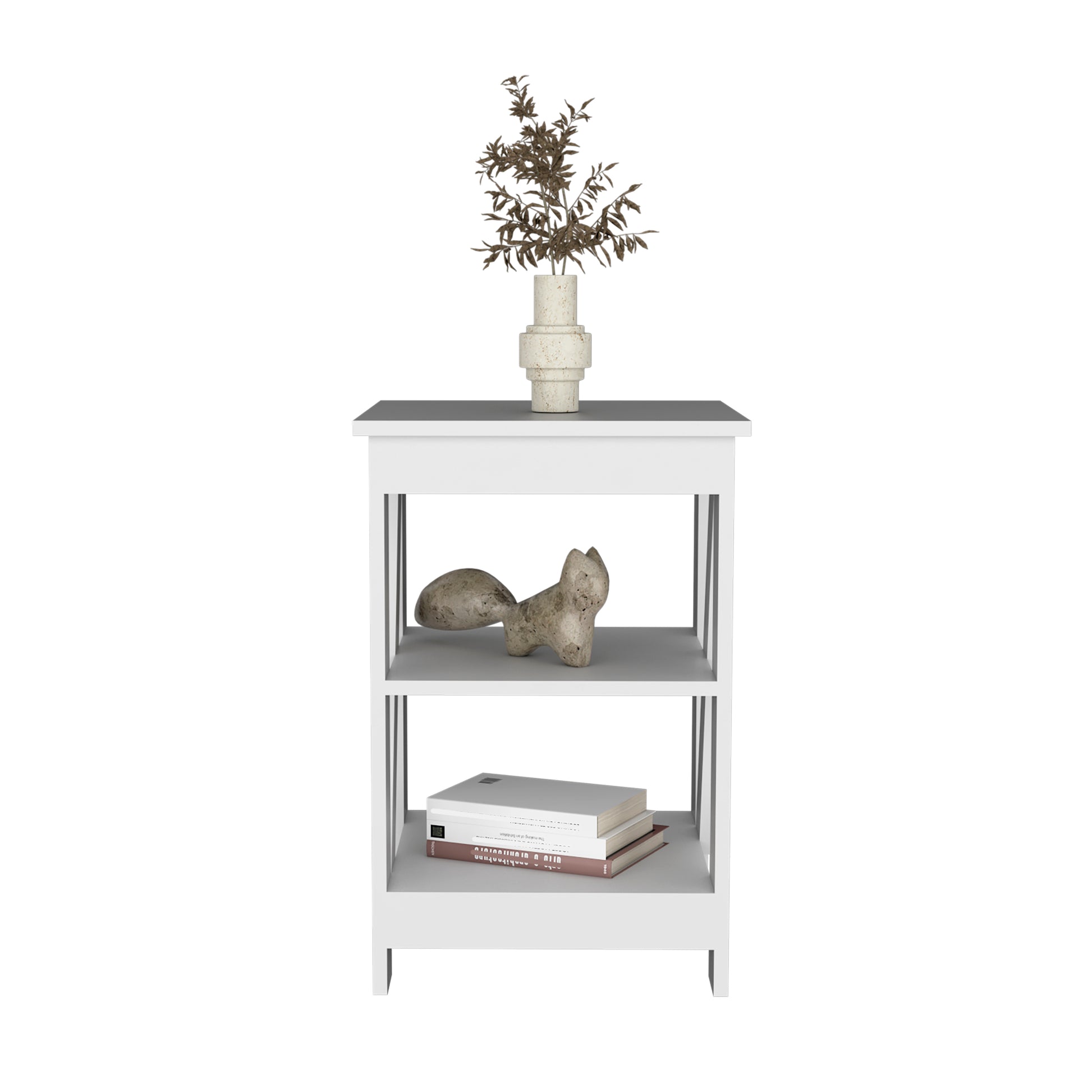 White threetier shelf unit with a textured vase and dried branches on top