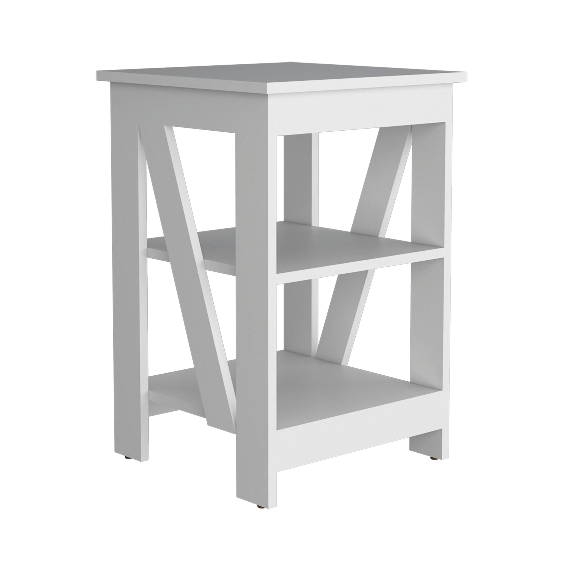 White wooden accent table with two open shelves and a slatted design on the sides