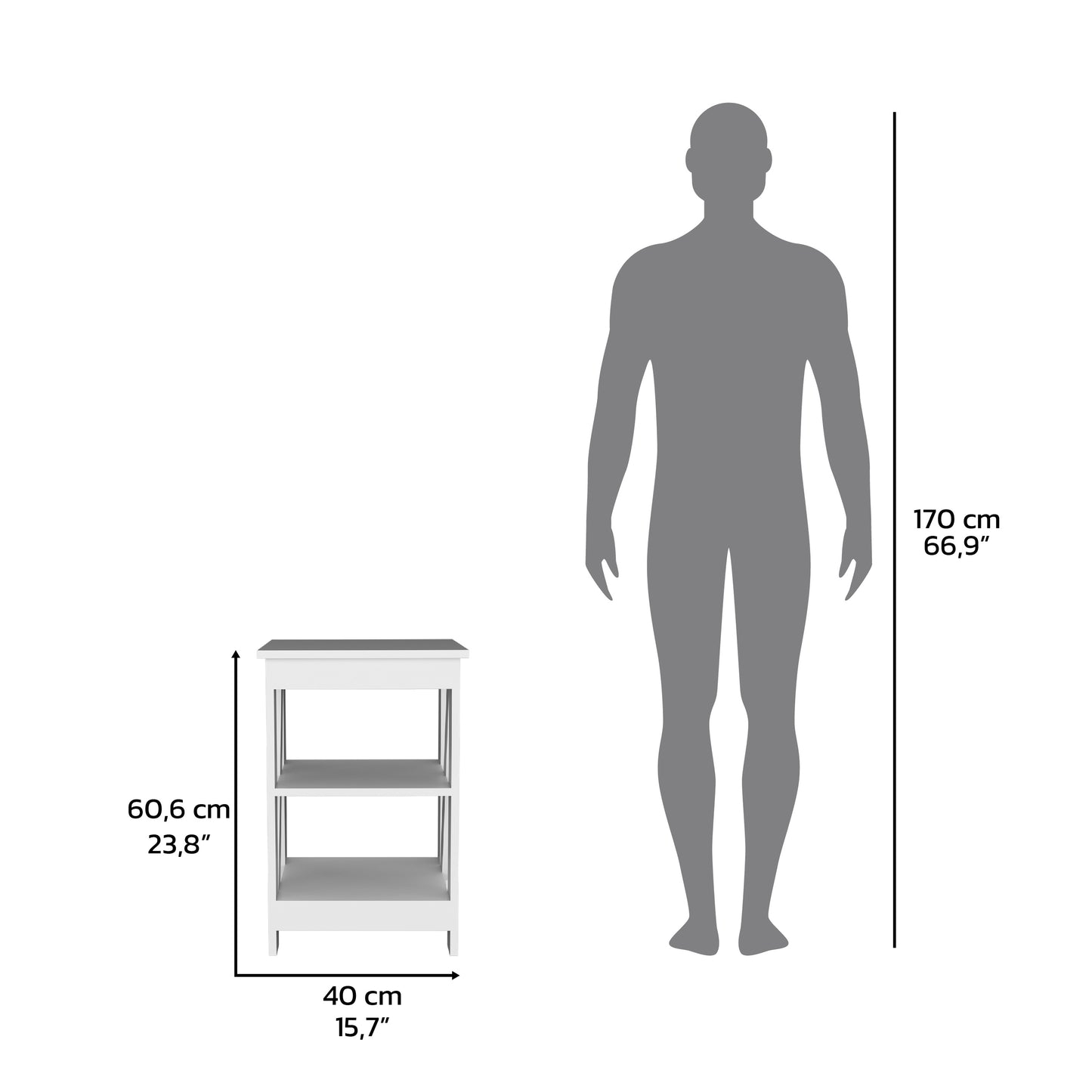 White tier ladder shelf  cm tall showcasing its compact size relative to a person