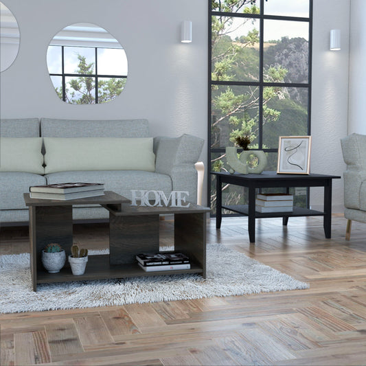 Modern dark wood coffee table with geometric design and open shelving