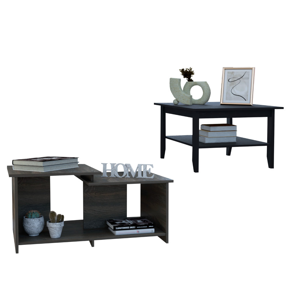 Dark wood coffee table with layered shelves holding books and decor