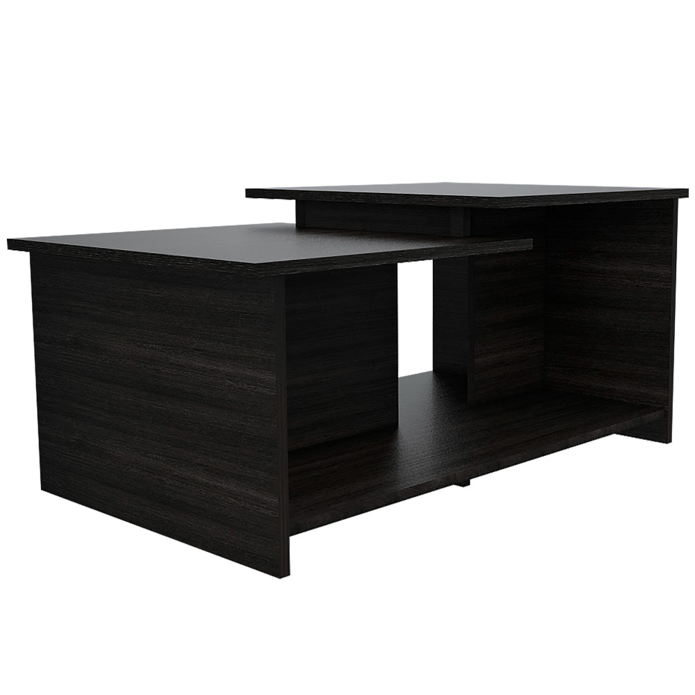 Dark wood modern coffee table with tiered shelves and open storage