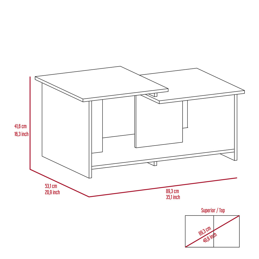 Line drawing of a white modular coffee table with dimensions labeled