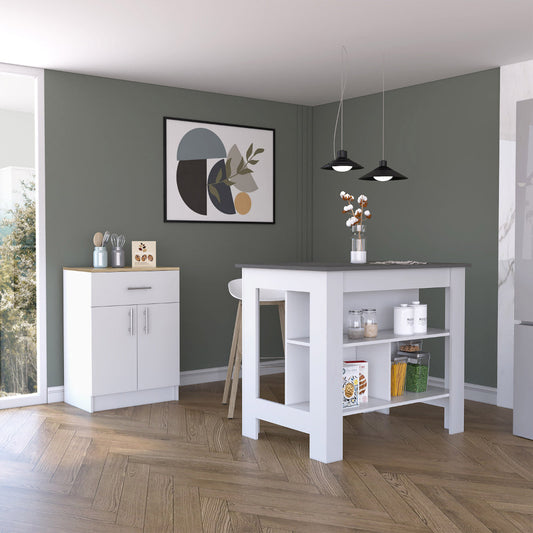 White kitchen island with gray countertop and open shelving storing kitchen essentials