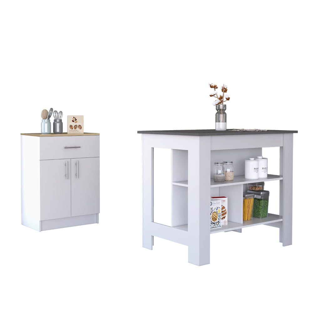 White kitchen island with two open shelves and a dark countertop for food prep