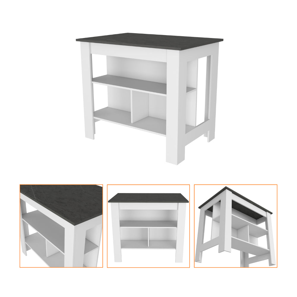 White and grey kitchen island with three open shelves for storage