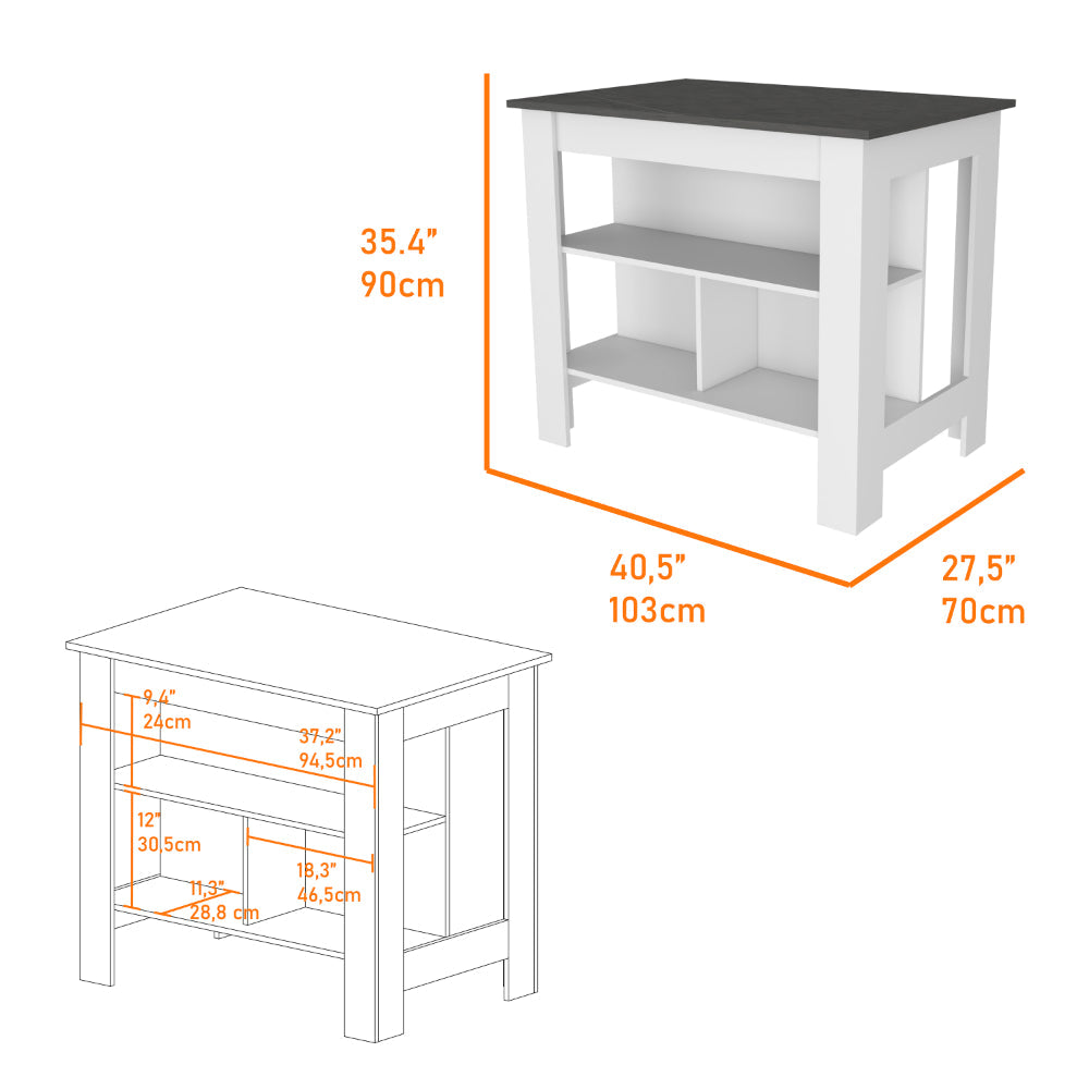White kitchen island with dark gray tabletop and three open shelves