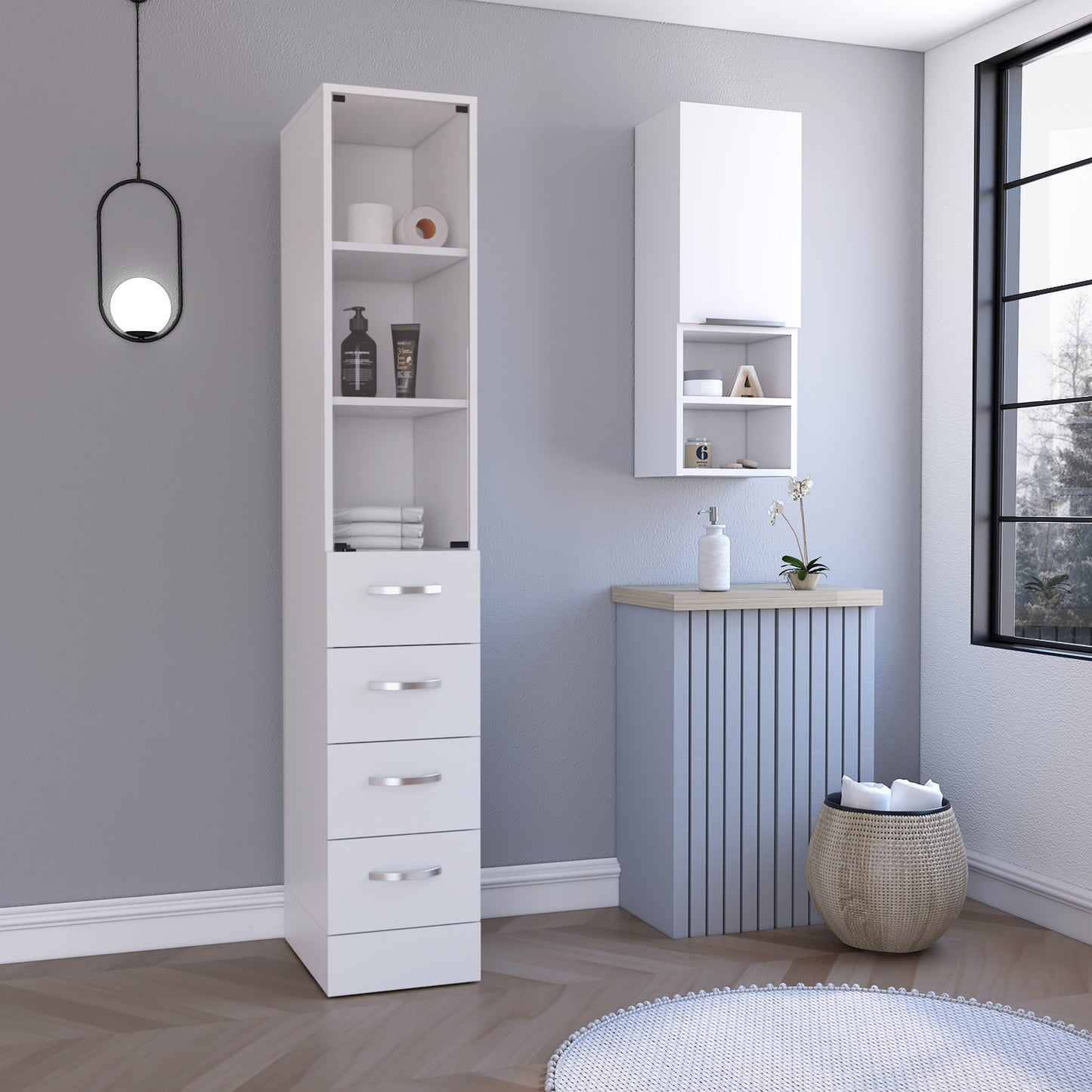 Tall white bathroom storage tower with five drawers and open shelves