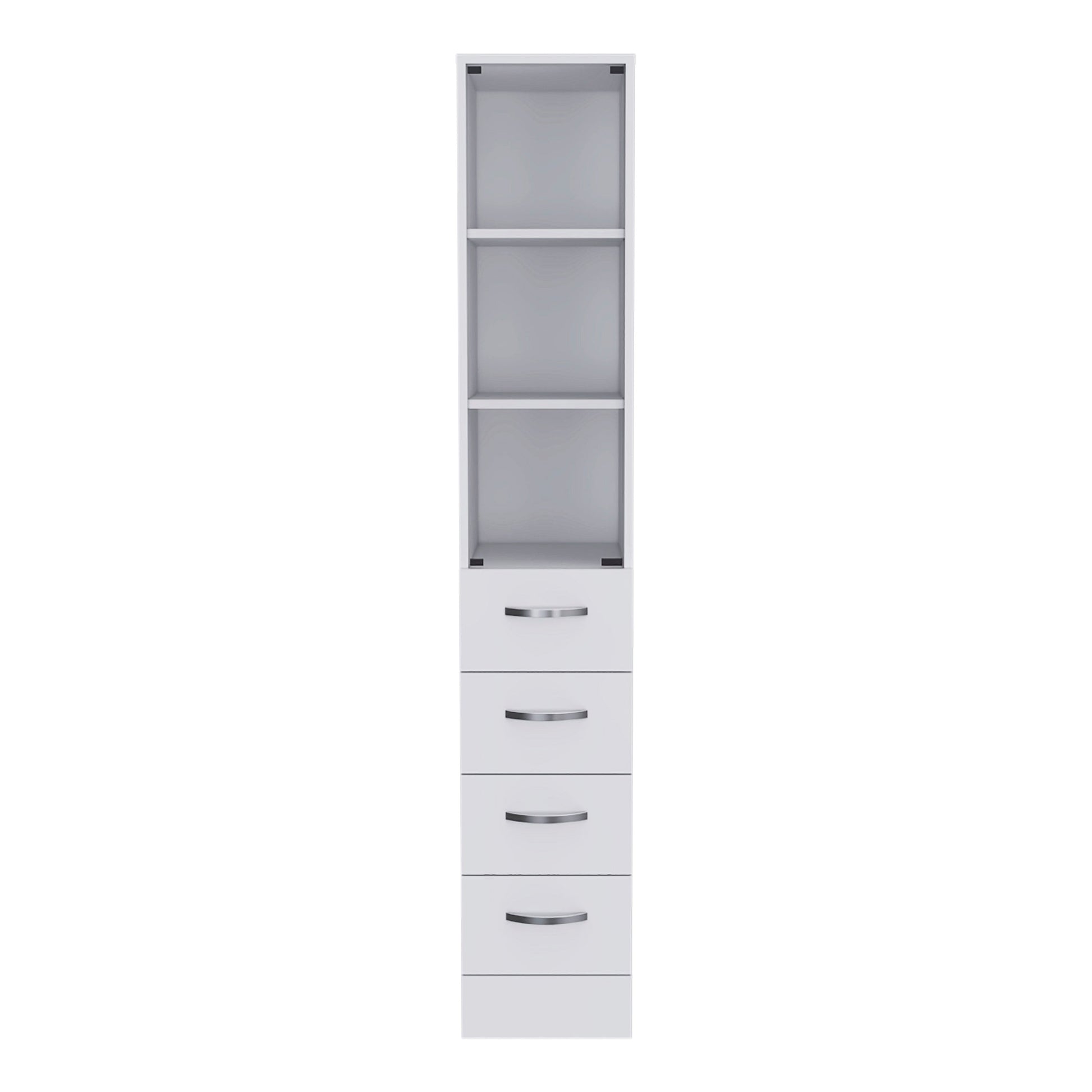 White narrow cabinet with three open shelves and four drawers