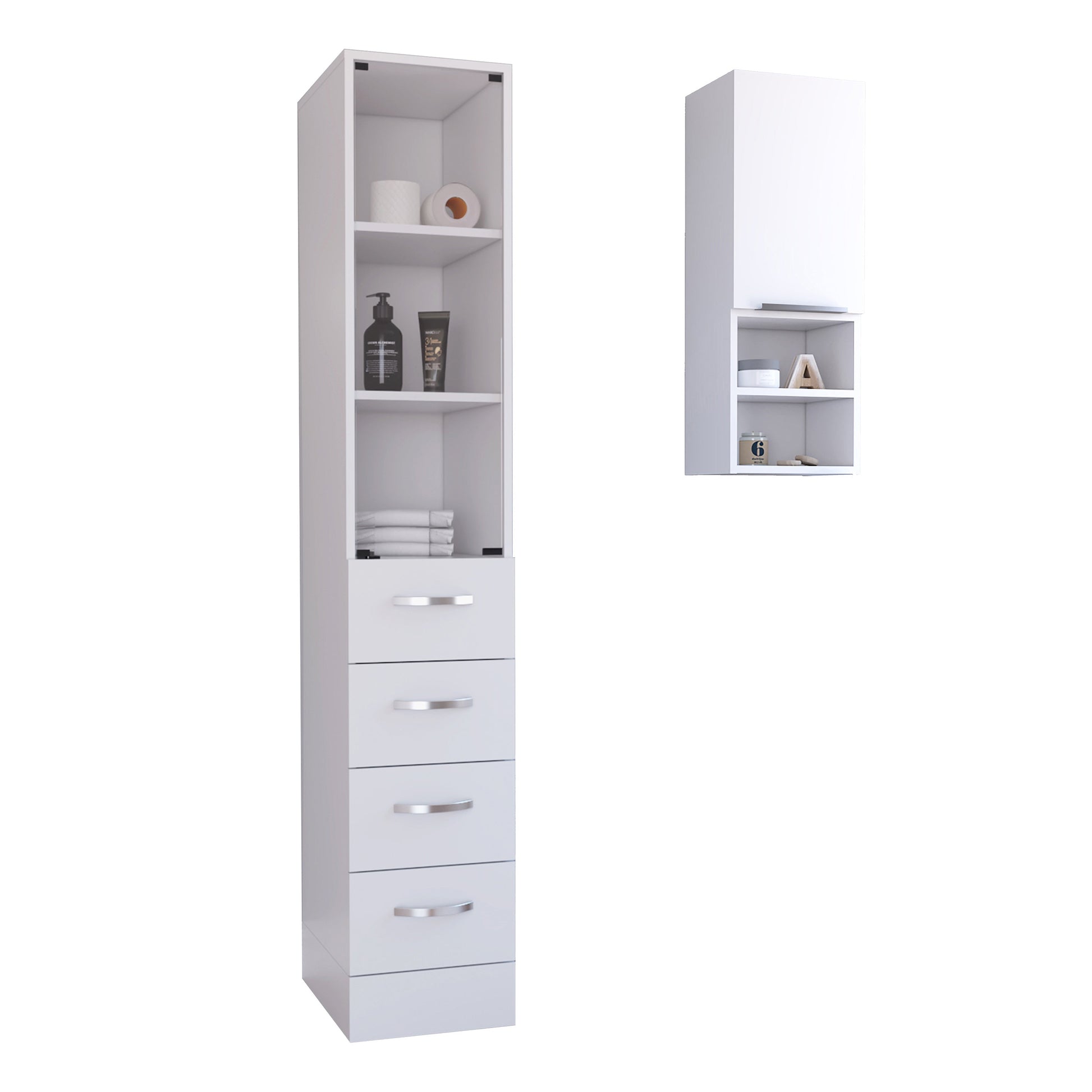 White narrow linen cabinet with open shelves and four drawers ideal for bathrooms