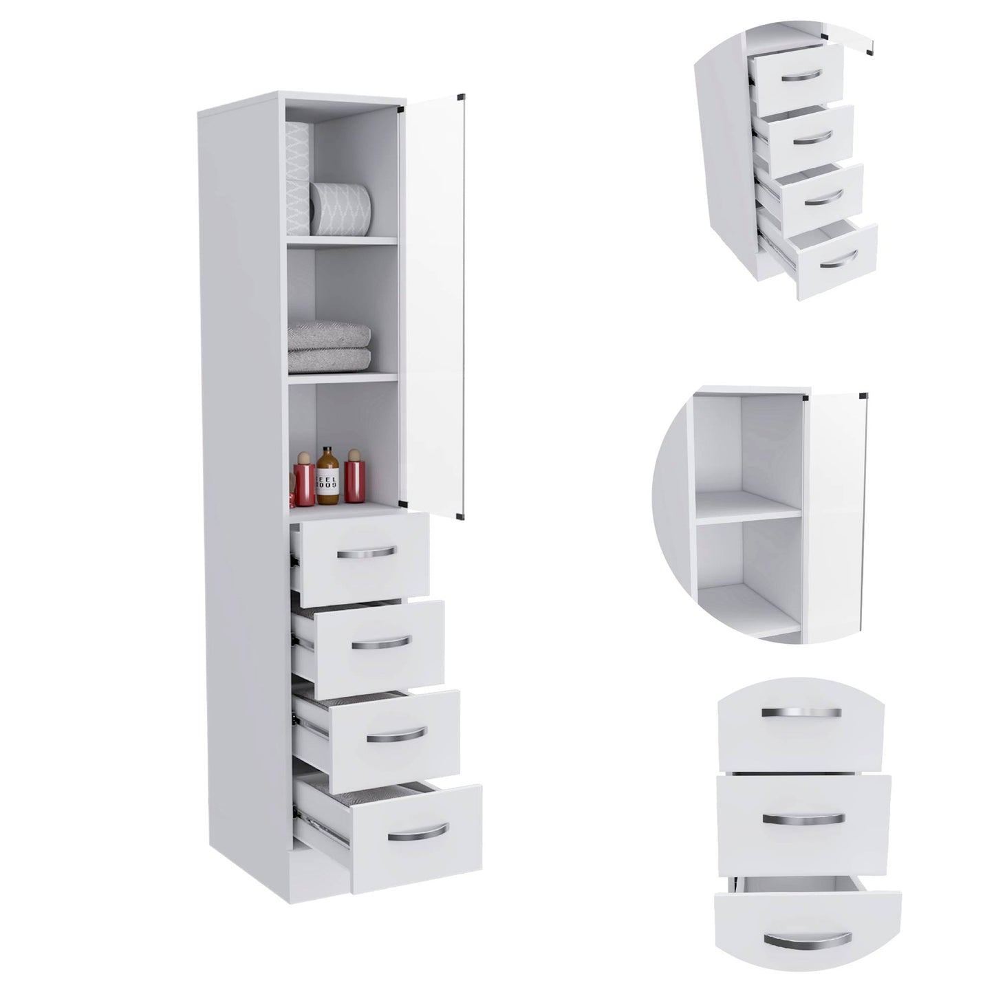 Tall white cabinet with open door and five drawers perfect for bathroom storage