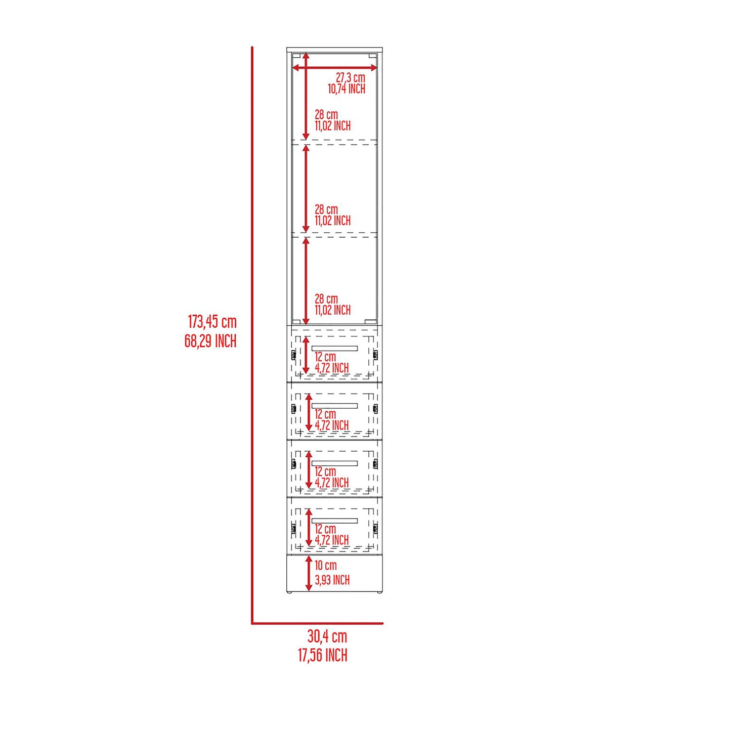 Diagram of a tall narrow storage unit with dimensions shown Height  cm