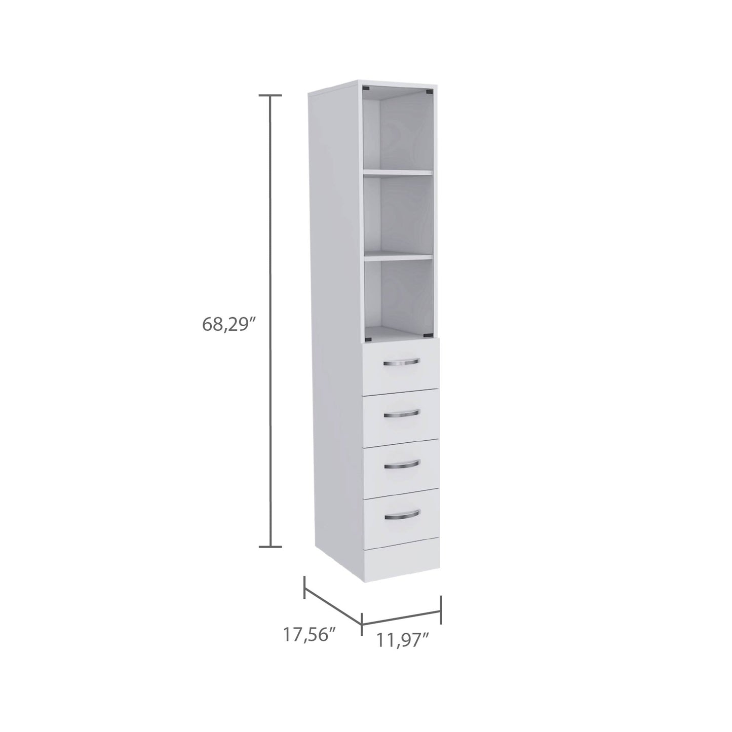 White tall narrow cabinet with two shelves and four drawers for storage
