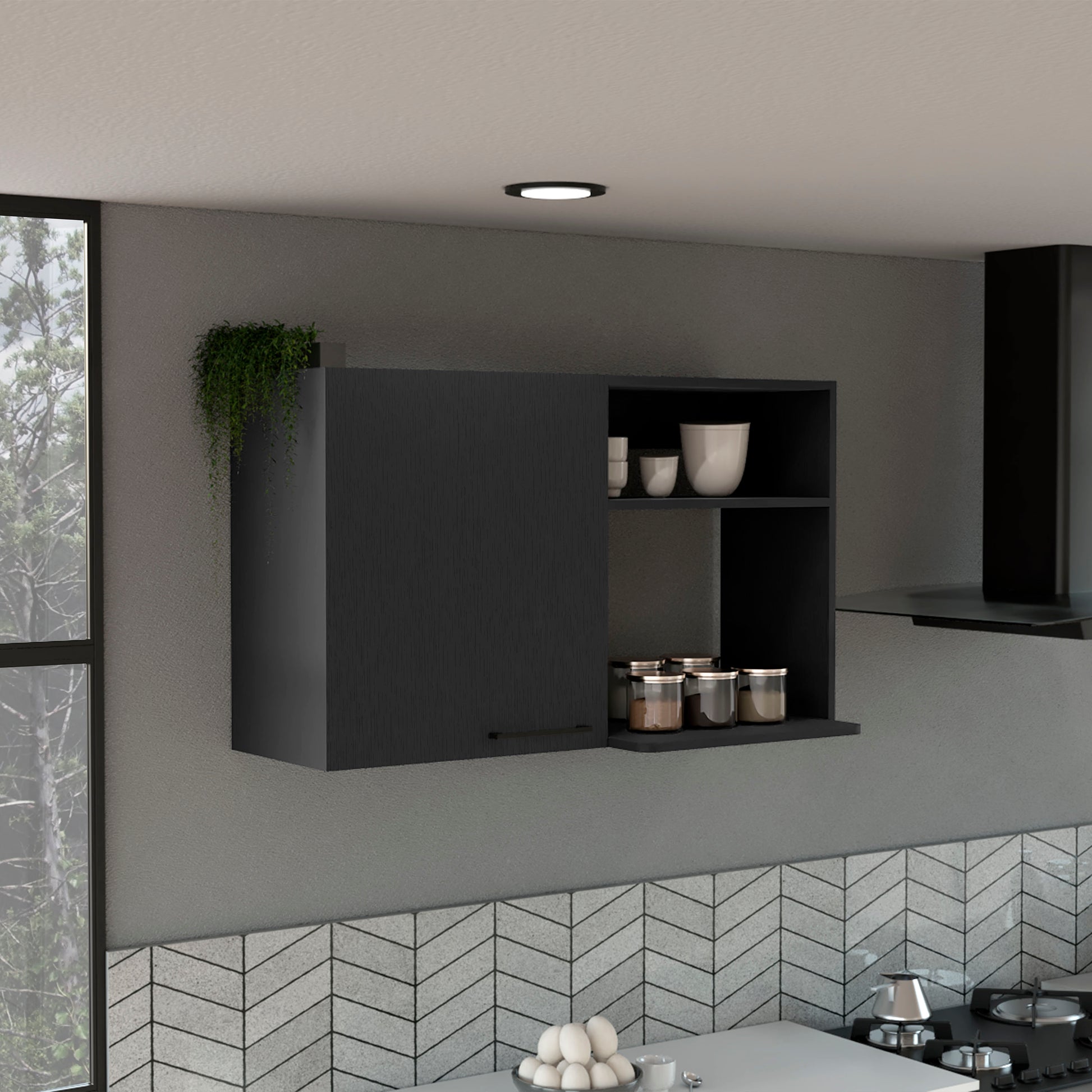Modern dark grey kitchen cabinet with open shelves holding jars and ceramic ware