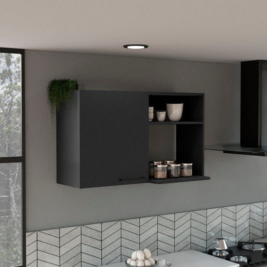 Modern dark grey kitchen cabinet with open shelves holding jars and ceramic ware