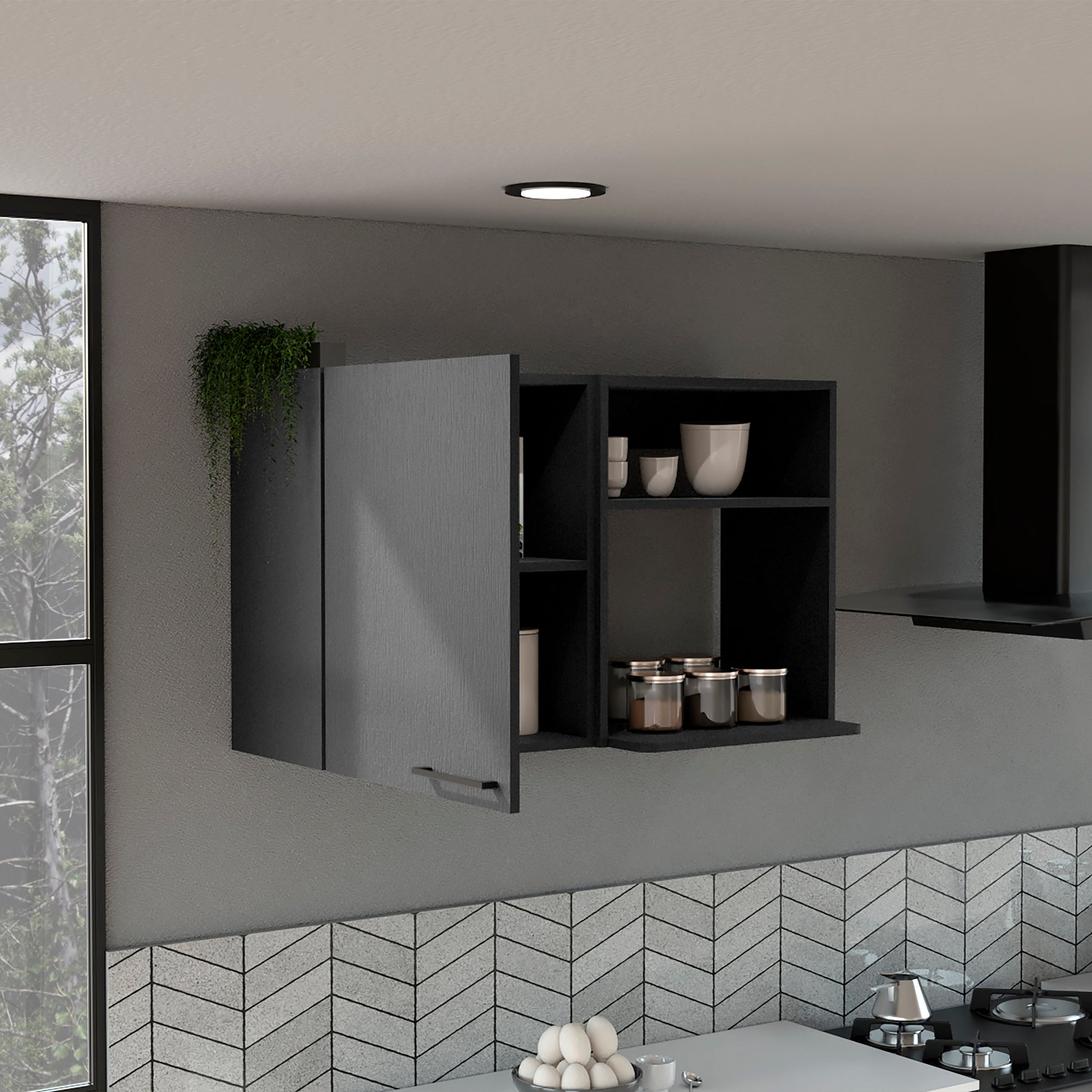 Modern black kitchen cabinet with open shelving and closed compartments