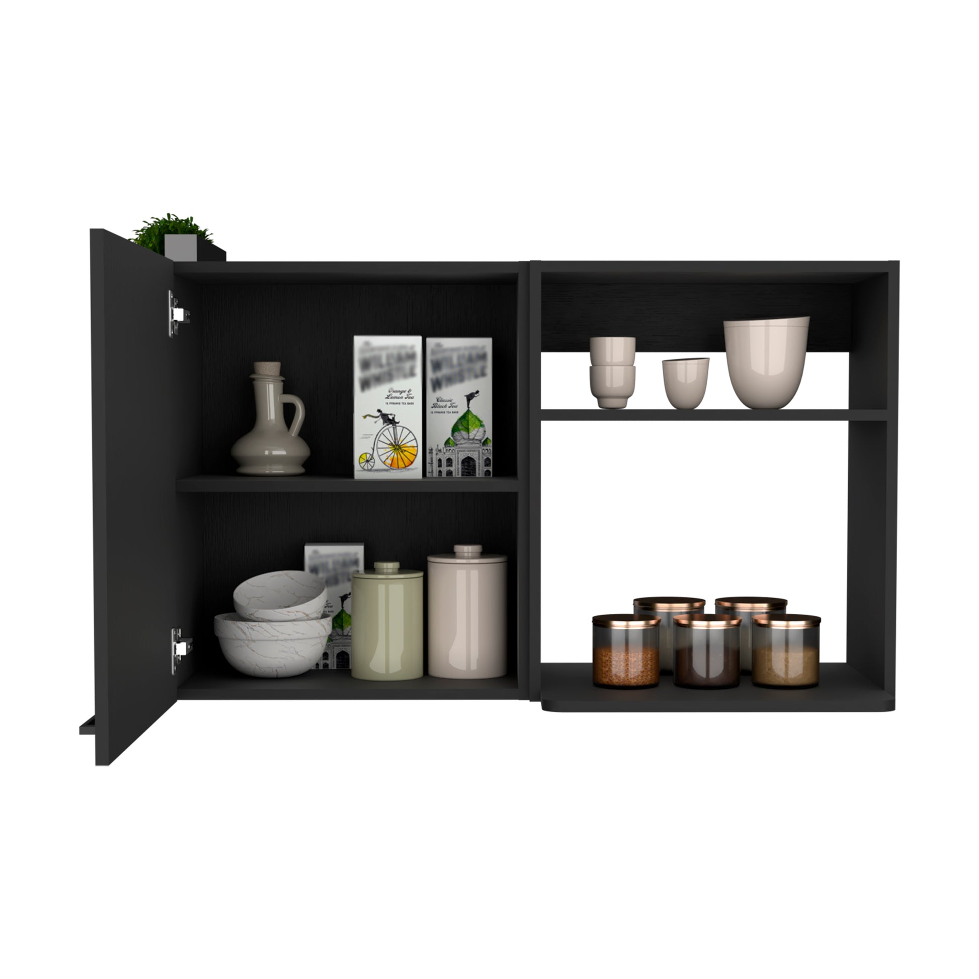 Black modern kitchen cabinet with ceramic olive oil jug and stacked bowls