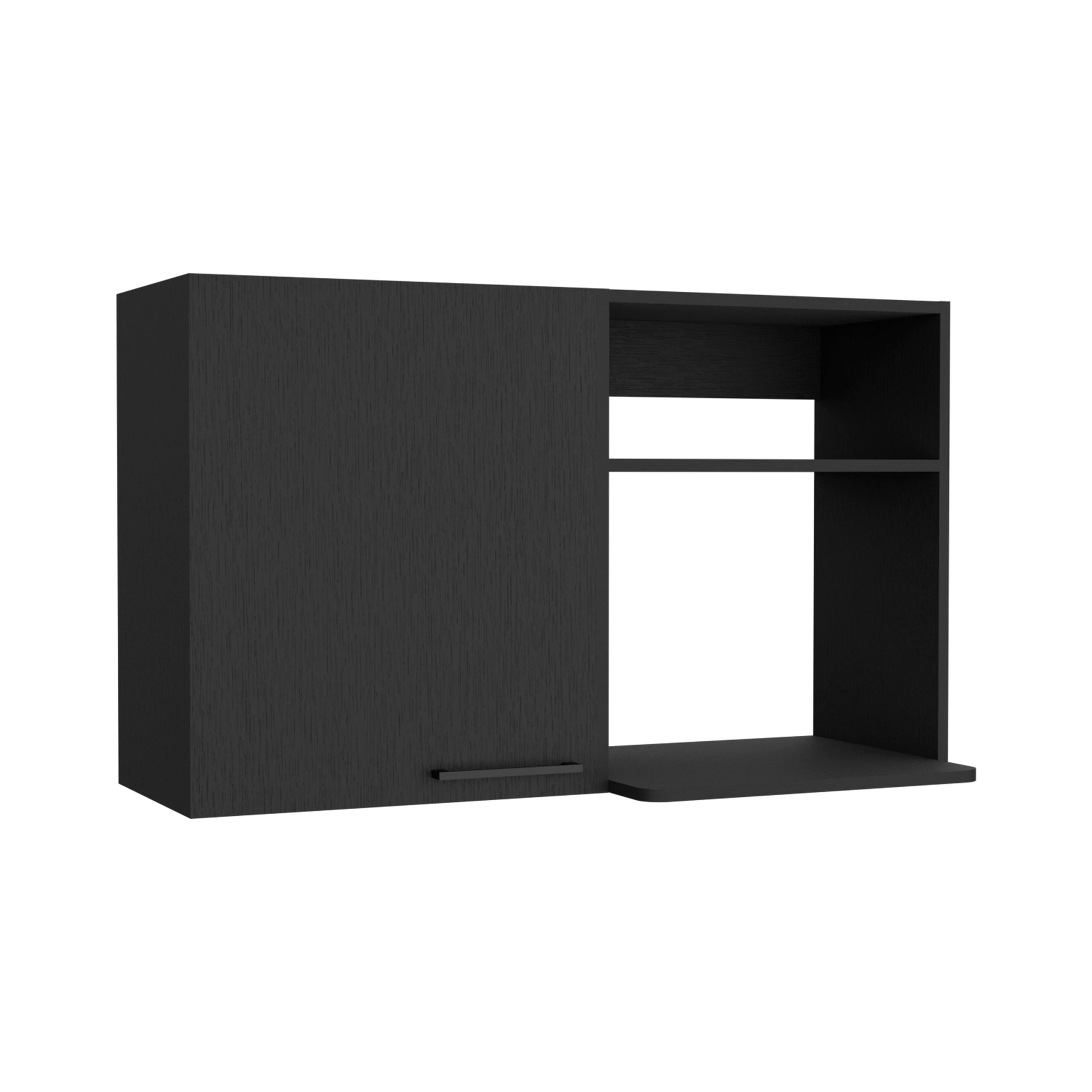 Black wood grain wallmounted cabinet with one door and open shelves